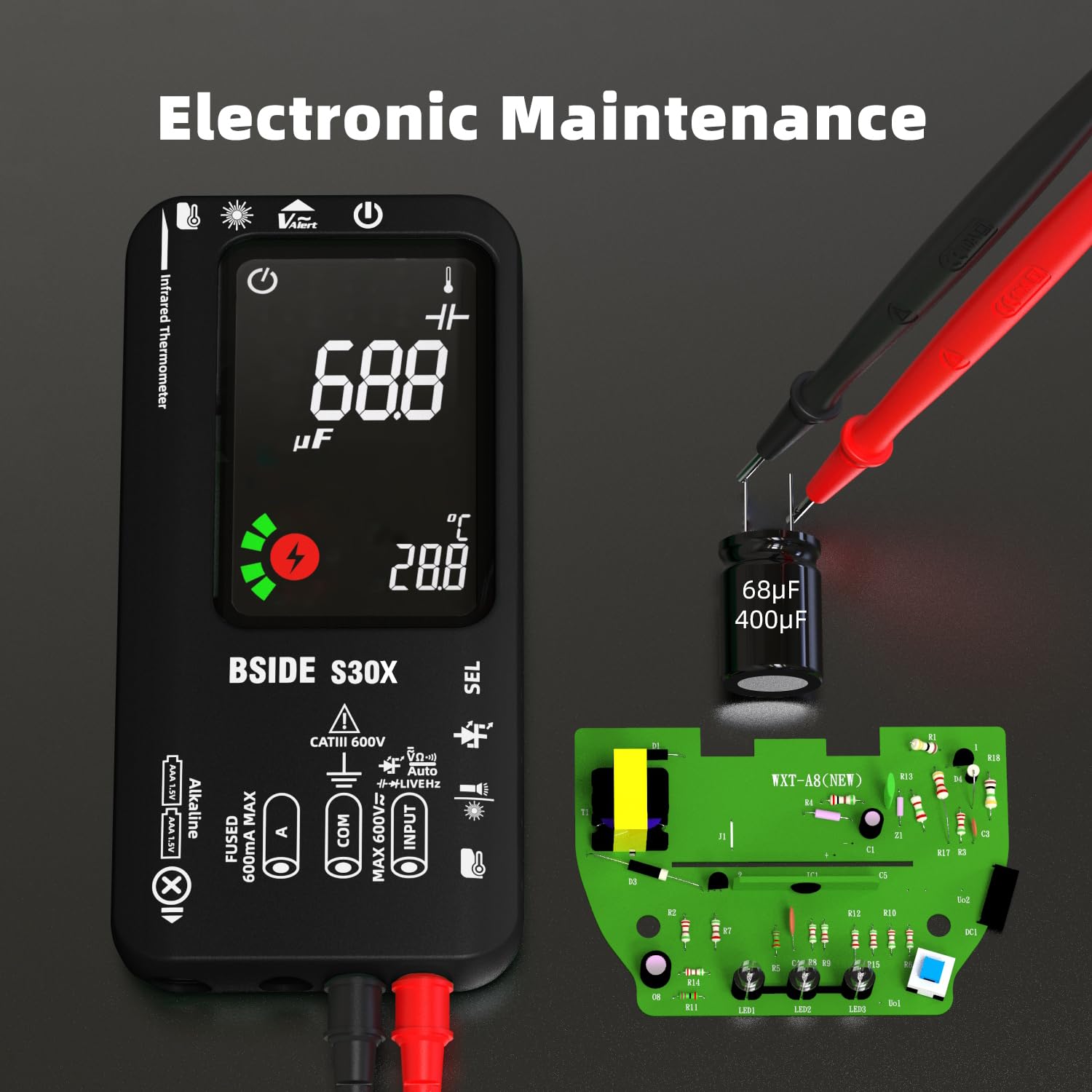 BSIDE S30X Multimetro Digitale Automatico con Termometro IR 12:1 Tester Diodi Alta Tensione LCD Colori 9999 Conteggi Voltmetro Ampemetro Capacimetro Ricaricabile per HVAC LED Automotive Electronic