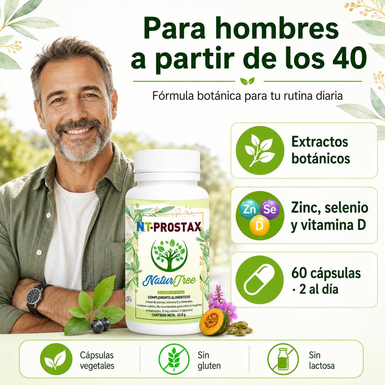 NT-Prostax | Saw Palmetto, Pygeum y Epilobio | Próstata 60 caps | Zinc, selenio, ortiga, calabaza y extractos vegetales para hombres adultos 40+