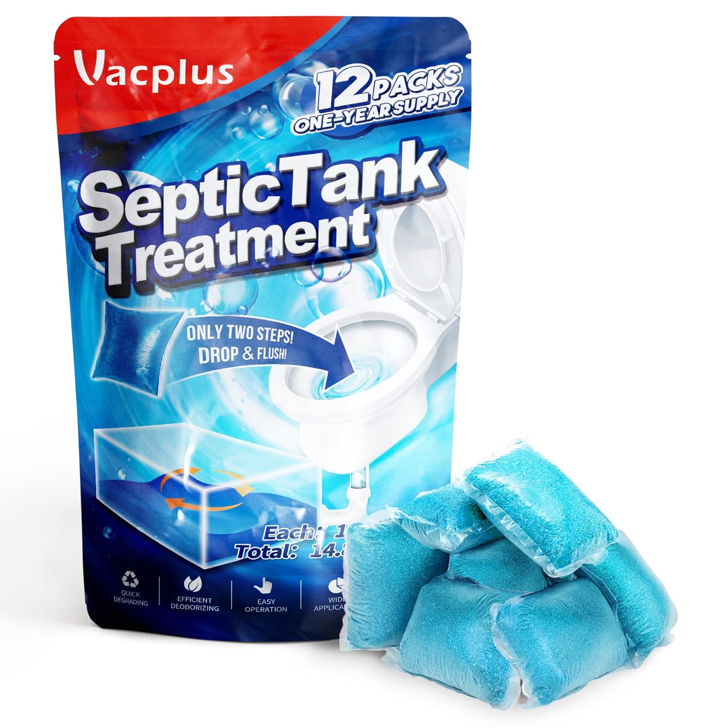 Vacplus Septic Tank Treatment – 12 Pack 1-Year Supply, Biodegradable Enzymes, 2X Efficiency