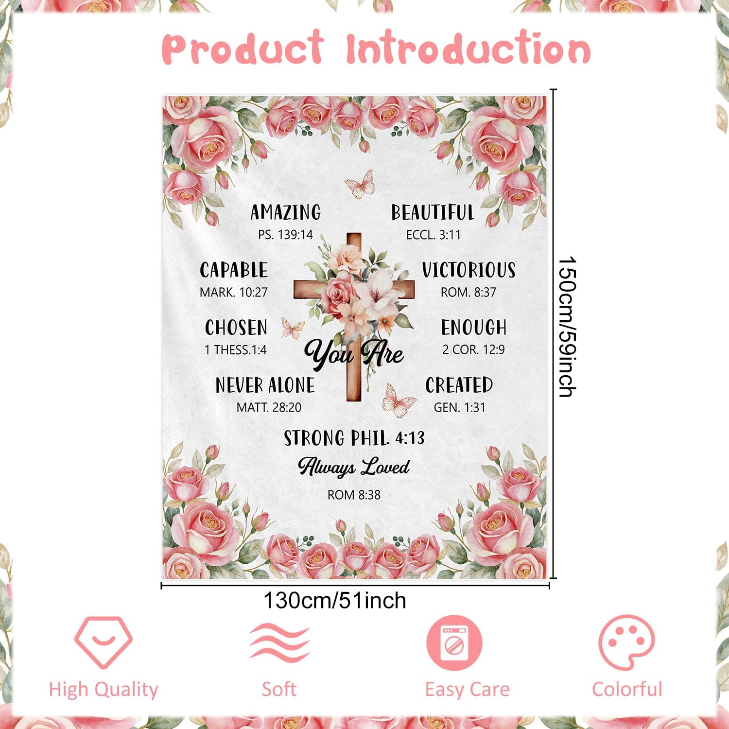 Christian Blanket Gifts for Women - Religious Faith Bible Baptism Gift, Catholic Christmas Birthday Friendship Gifts for Girls Sister Mom, Pink Rose Cross Inspirational Throw Blanket 59"X 51" - Image 2