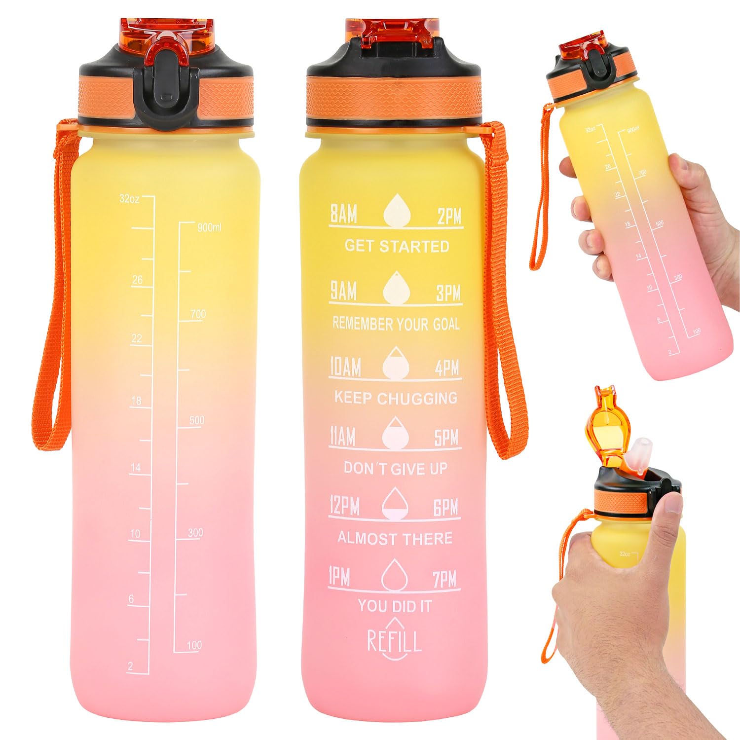 Taylor & Brown 1L Water Bottle with Straw, BPA-Free Leakproof Sports Bottle with Time Markings, Reusable Plastic Drink Bottle for Gym, Cycling, School, Office, Outdoor for Kids & Adults (Pink/Yellow)