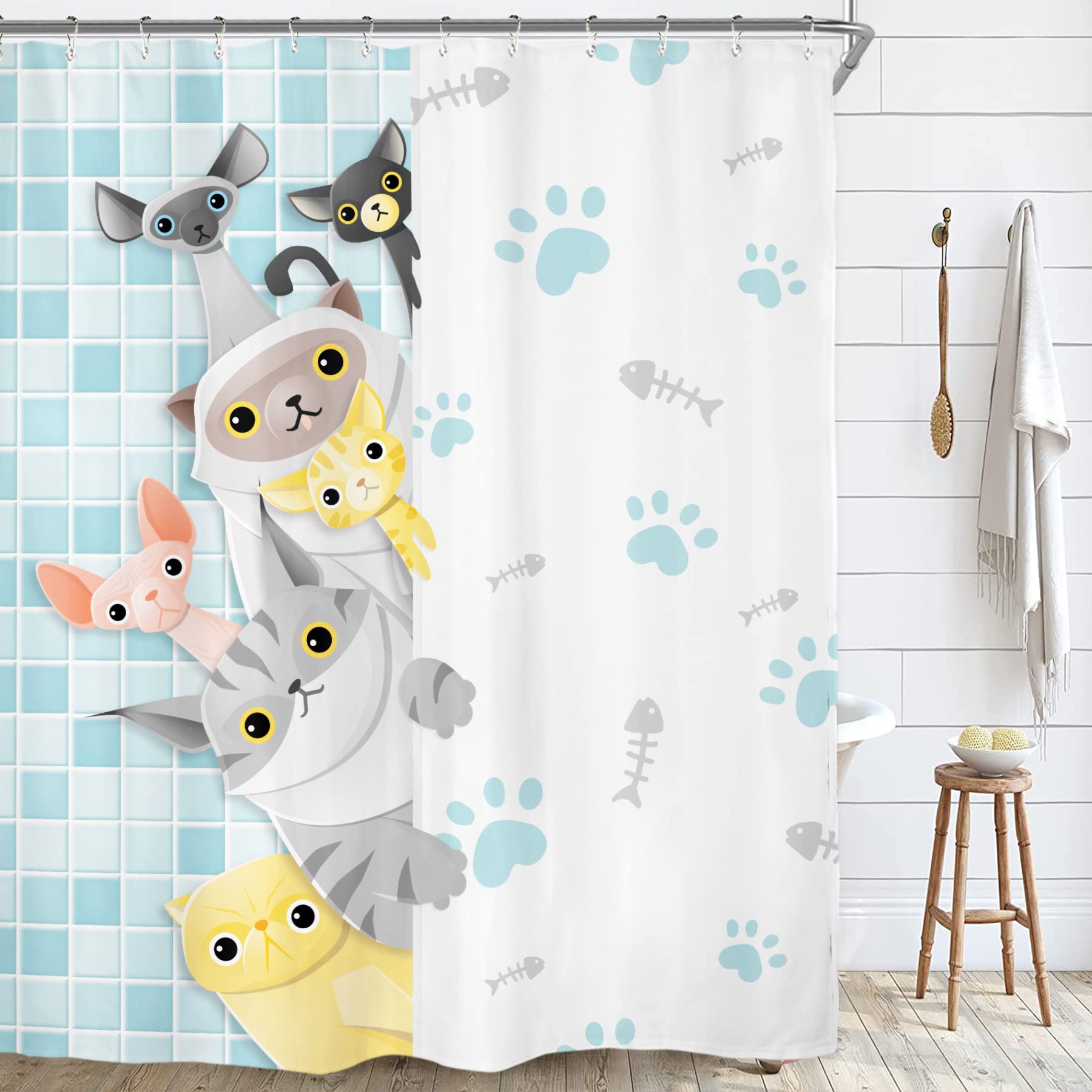 Riyidecor Funny Cat Shower Curtain for Bathroom Decor 60Wx72H Kid Cute Cartoon Animals Colorful Teal Pets Animal for Boys Girls Fun Lovely Art Printed Fabric Polyester Waterproof 12 Pack Plastic Hooks