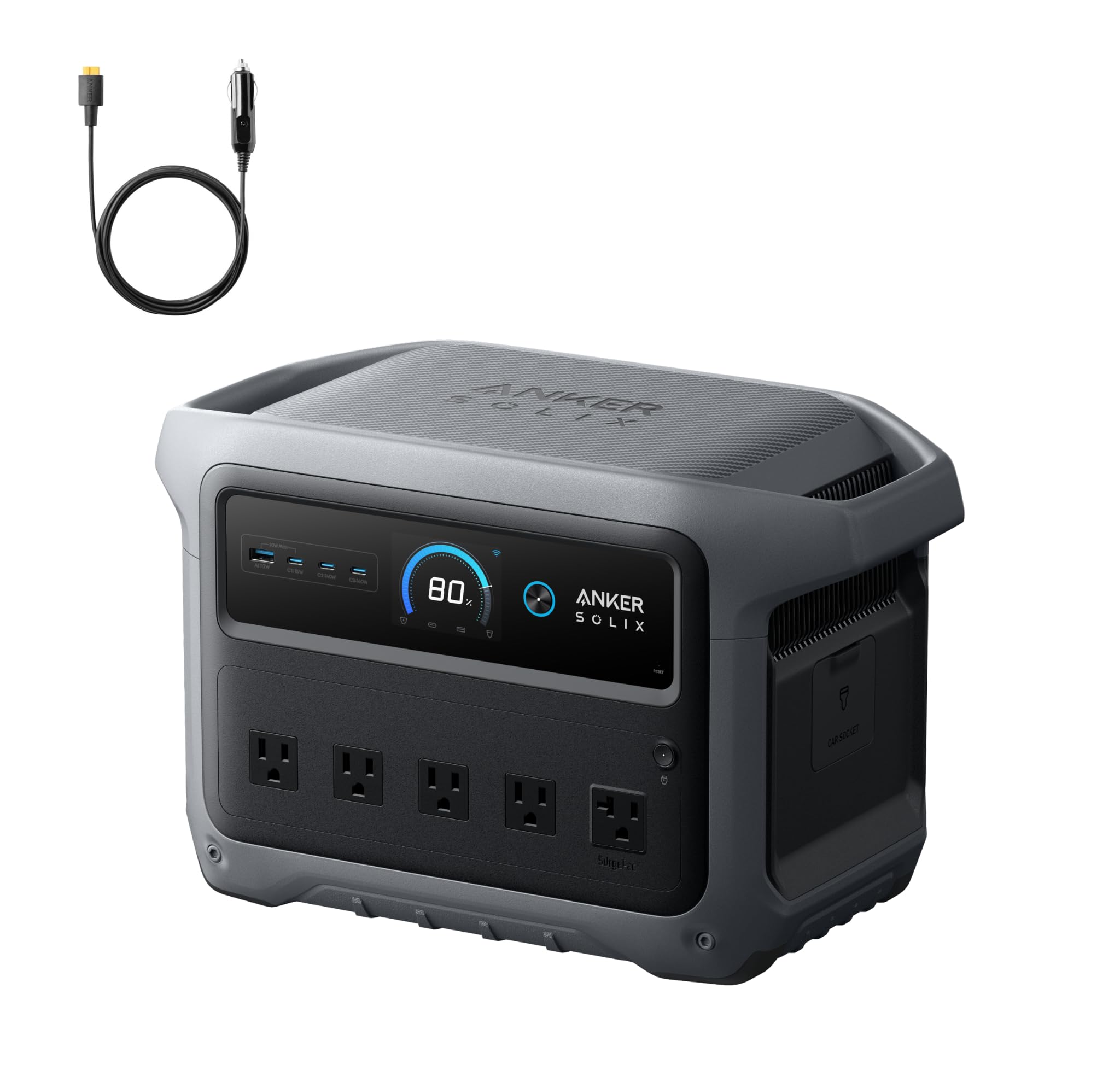 Anker2,000W Solar Generator with 1,024Wh LiFePO4 Battery, Up to 3,000W Output, for Home, Outdoor, and Emergency Use SOLIX C1000 Gen 2 Portable Power Station with Car Charging Cable