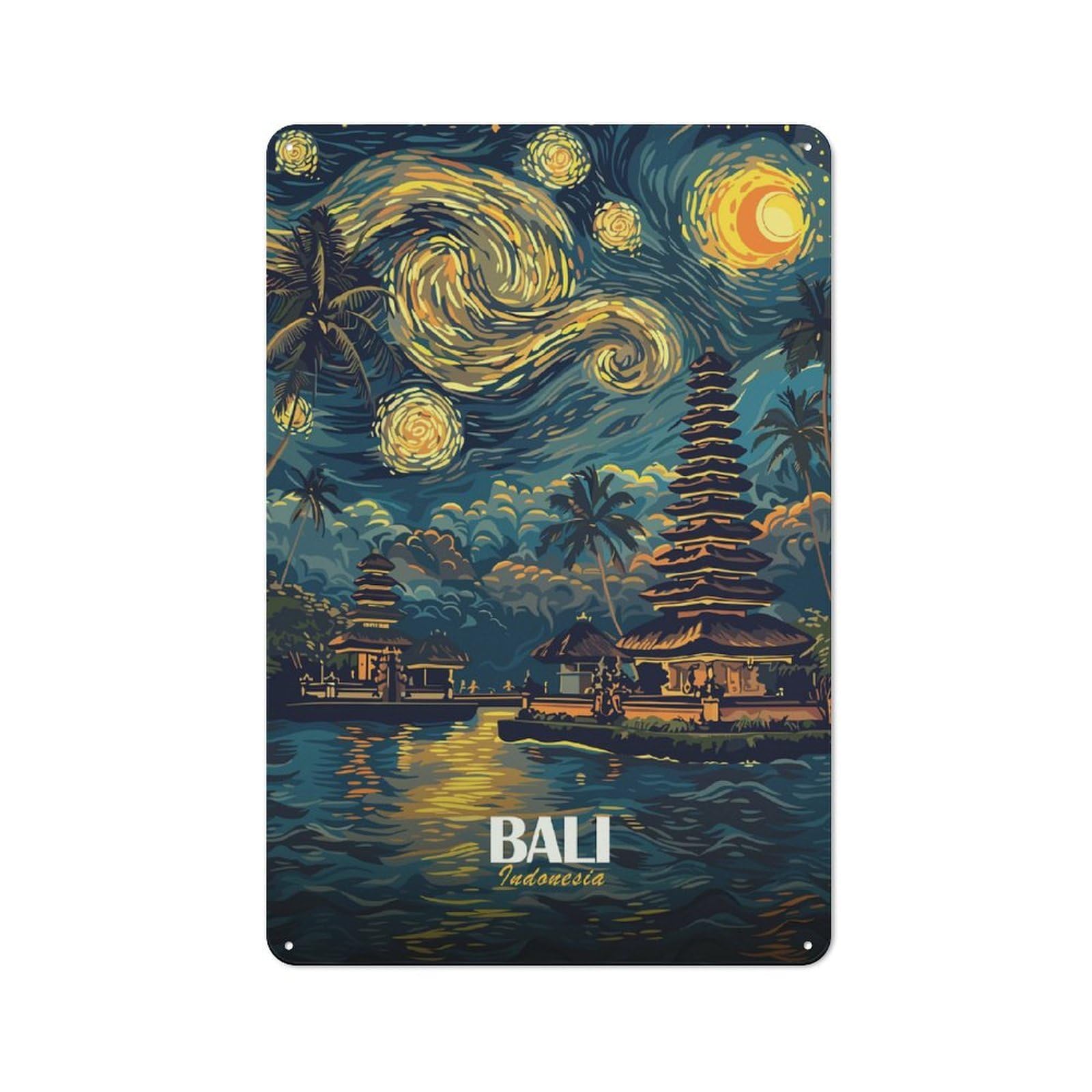 Junmoney Style-14 For Home Office Or Studio, Bali Indonesia Starry Night Landscape Retro Tin Wall Plaque 30X20cm, A Housewarming Gift For Creative Workspace Decorators