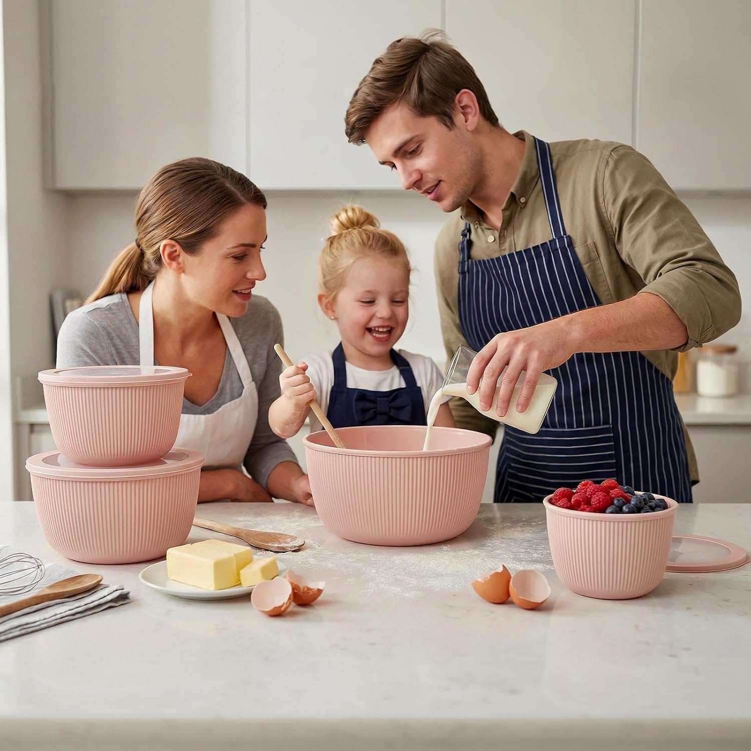 BoxedHome Salad Bowl with Silicone Lid, Large Set of 4, 4.7L/3.2L/2.1L/1.2L, Mixing Bowl Made of BPA-Free Plastic, Stackable, Dishwasher and Microwave Safe, for Camping and Kitchen, Pink Pink-8 Pieces. 8 pieces. With silicone lid