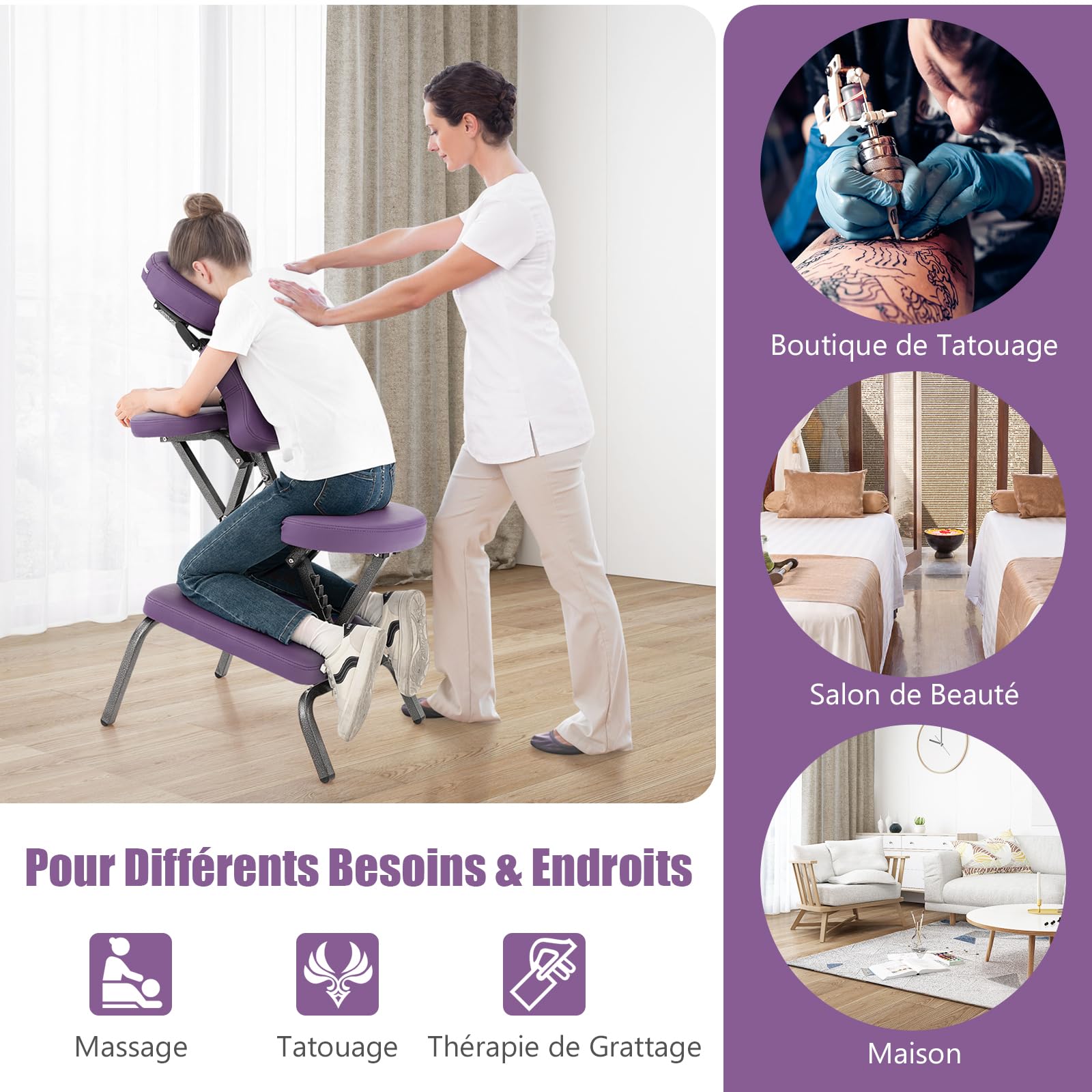 RELAX4LIFE Chaise de Massage Pliante Hauteur Réglable 110-120 CM, Chaise de Thérapie Portable Ergonomique avec Siège Rembourré, Sac de Transport, Charge 150 KG pour Tatouage Spa Esthéticienne (Violet)
