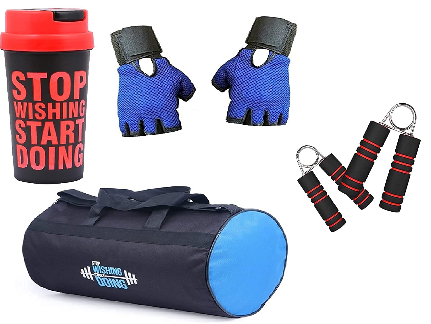 SGC-2003A 4 in 1 Pack Polyester Antique Gym Bag, Protein Shaker,Gym Gloves with Wrist Support and Hand Strengthner Combos, BLACK, M, Gym Bags