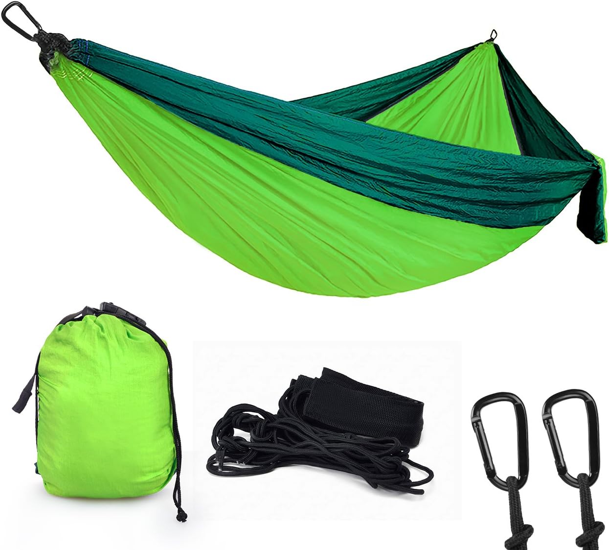 Youandme Double Camping Hammock, Lightweight Parachute Portable Hammocks for Hiking, Travel, Backpacking, Beach, Yard Gear Includes Nylon Straps & Steel Carabiners, Size 118" x 78"-Green