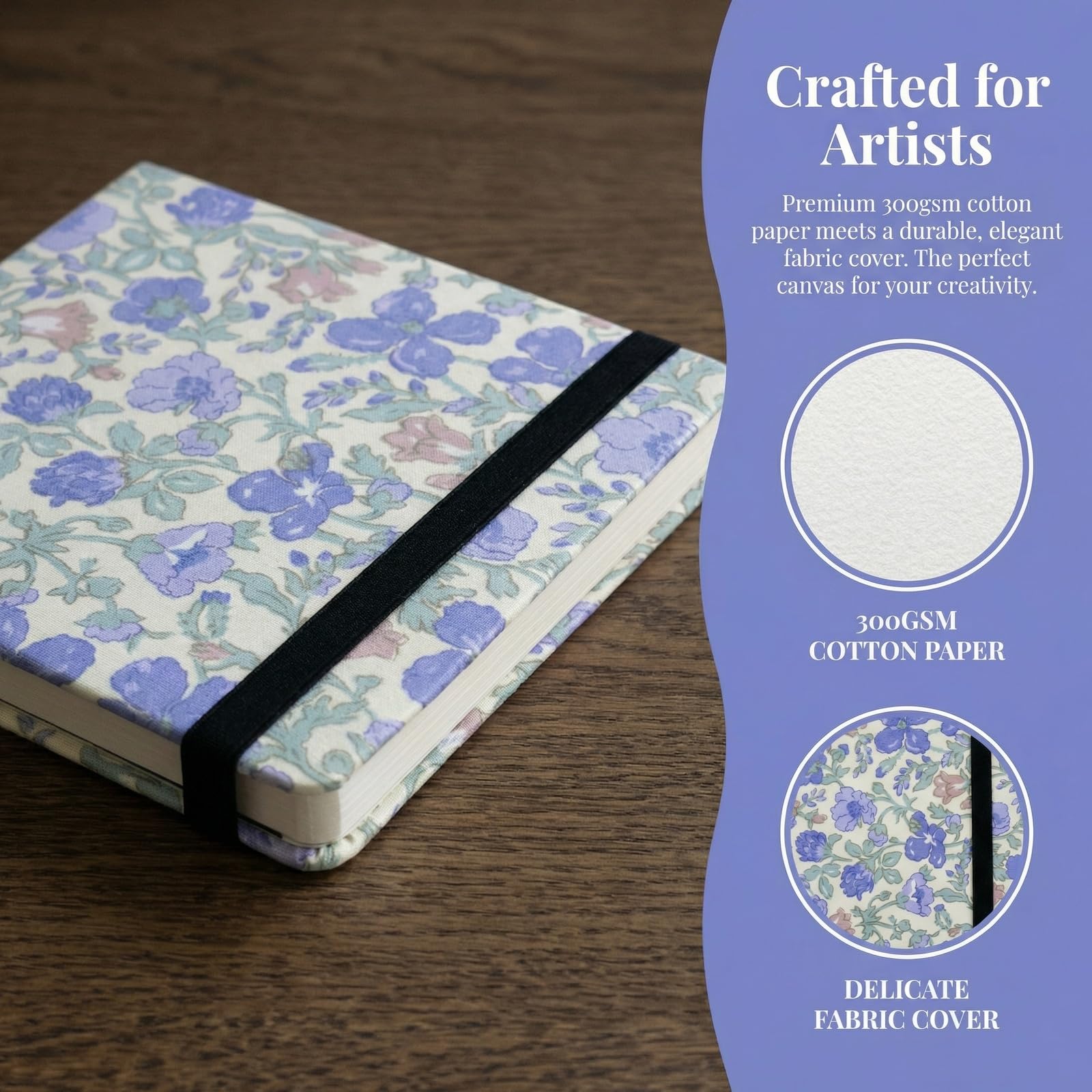 Diario de Acuarela, 300 g/m² 24 Hojas Algodón Cuaderno Acuarela de Doble Cara con Bolsillo Interior de Papel,Banda Elástica,16x16cm, Cuadernos de Papel de acuarela para Tinta Acrílico,Flores Moradas — view 4