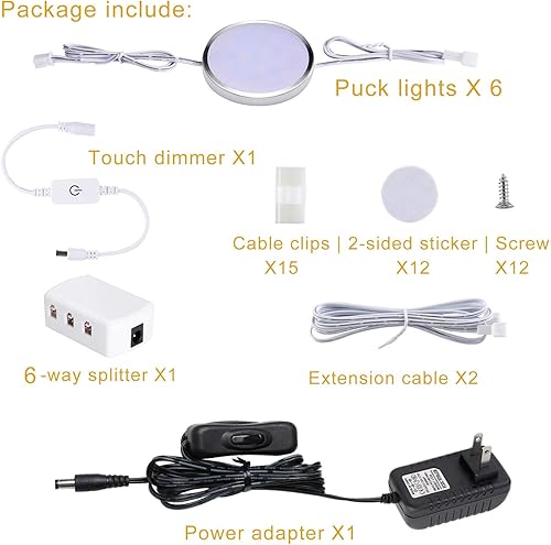 Miniatura 5 de Kit de iluminación LED para debajo del gabinete, paquete de 6 luces de disco enlazables con atenuador táctil, enchufe con cable para iluminación