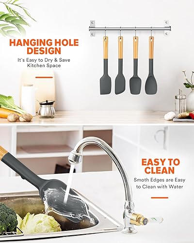 Miniatura 7 de Juego de cucharas de espátula de silicona, ideal para mezclar, plegar, raspar y untar, silicona mate resistente sin BPA, cuchara de goma con mango