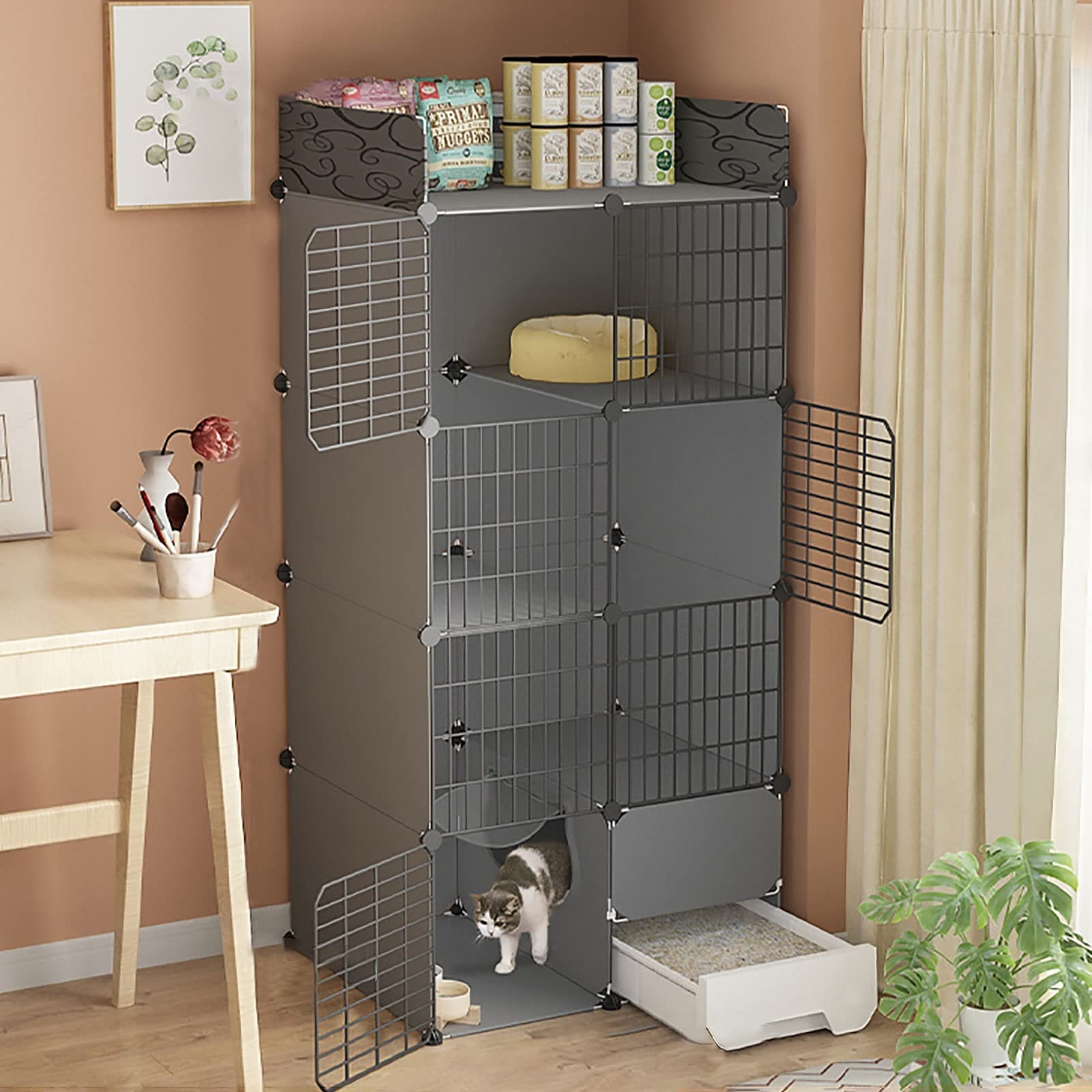 Cage pour chat à 3 niveaux avec enclos métallique amovible et très grand espace de jeu