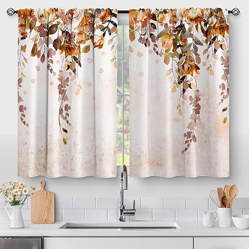 Cortinas de cocina florales de otoño de 36 pulgadas de largo, cortinas de café con flores y bolsillo para barra, hojas de flores silvestres,