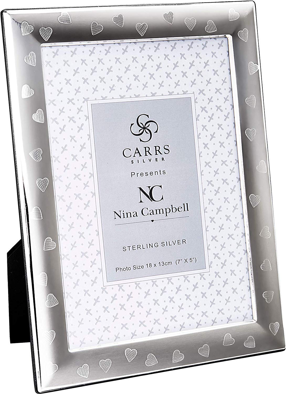 CarrsNina Campbell Sterling Silver Hearts Engraved Photo Frame with Black Wood Back. 7" x 5"