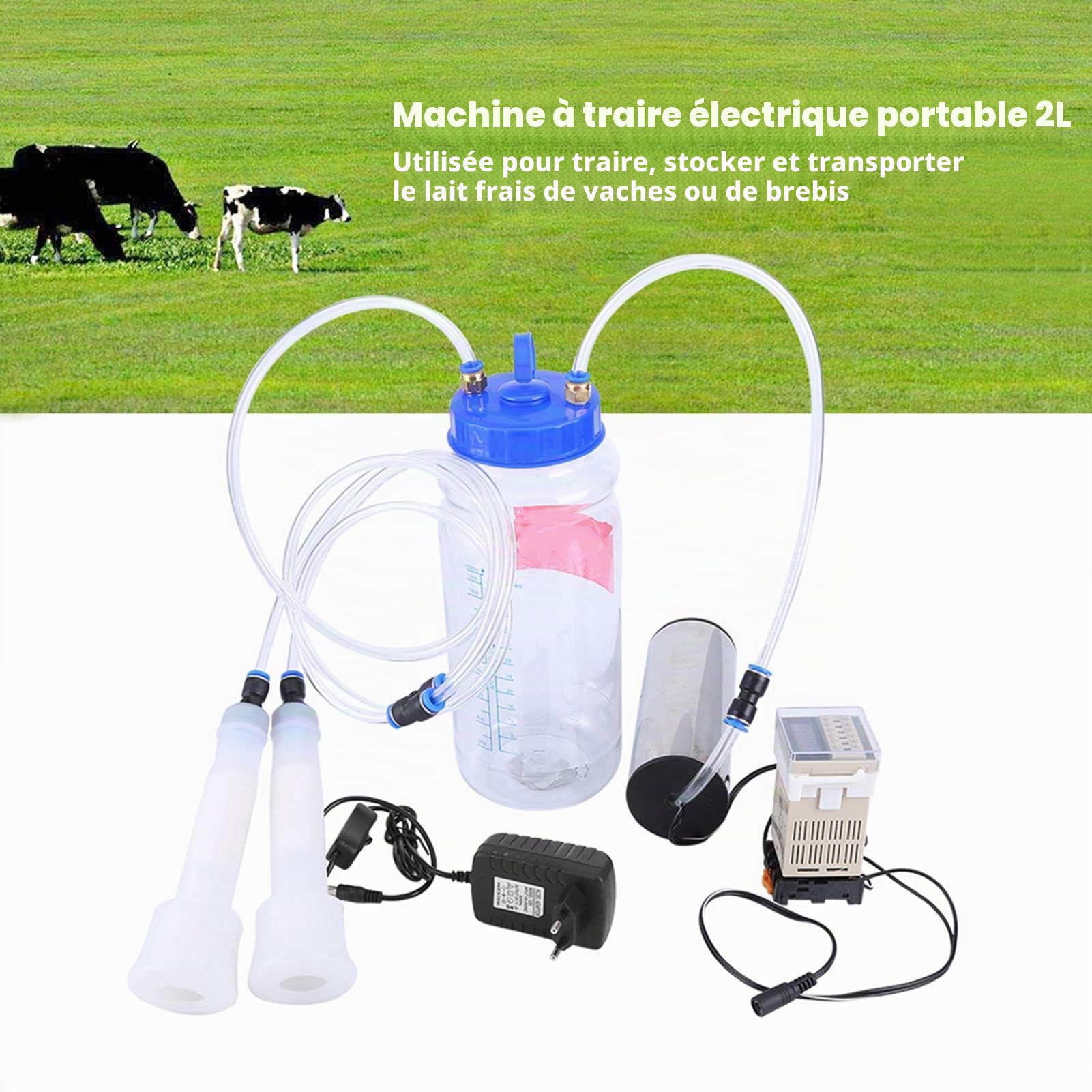 Machine à Traire Électrique 2L, Kit de Traire Portable pour Vaches avec Pompe à Vide à Traire Pulsée Machine à Traire de Chèvre à Double Tête Machine à Lait