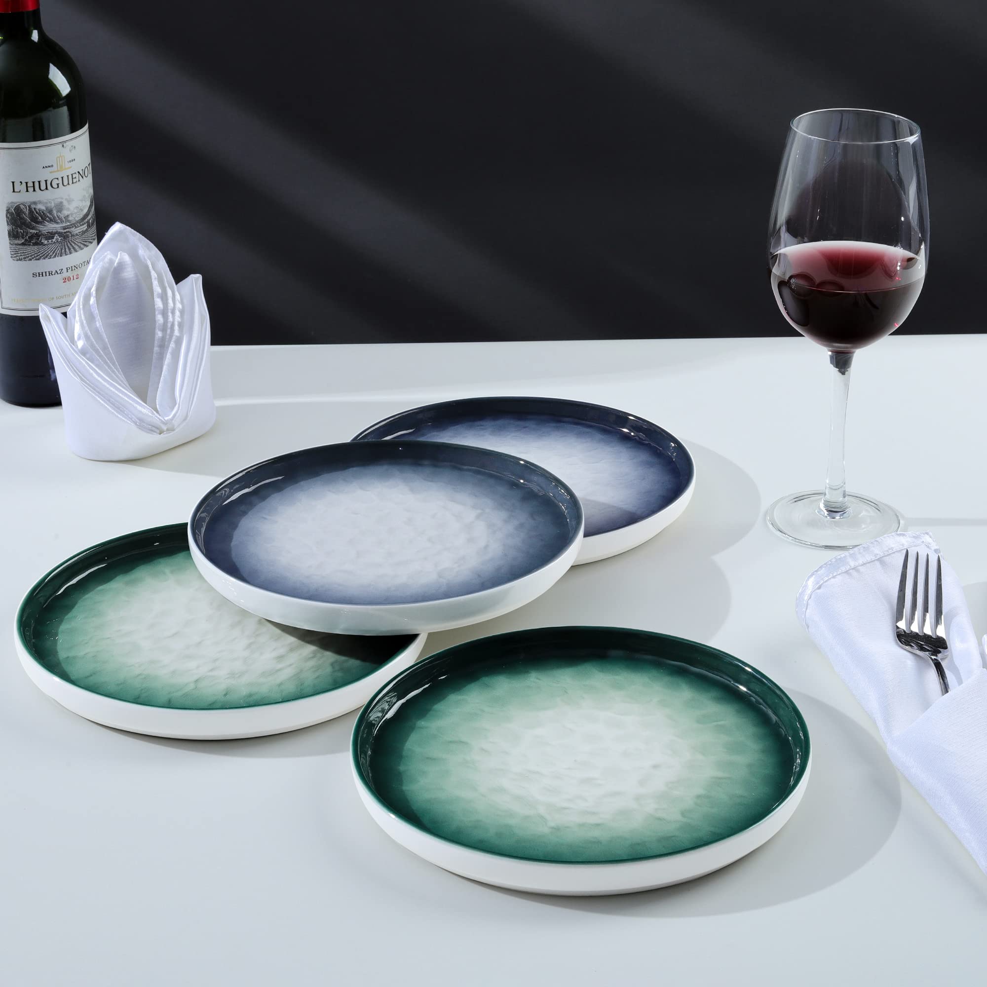 fanquare Piatti da Dessert in Porcellana da 20 cm, Piatti da Insalata con Onda d'acqua Blu, Set di 4 Piatti per Antipasti, Piatti da Pranzo Adatti al Microonde