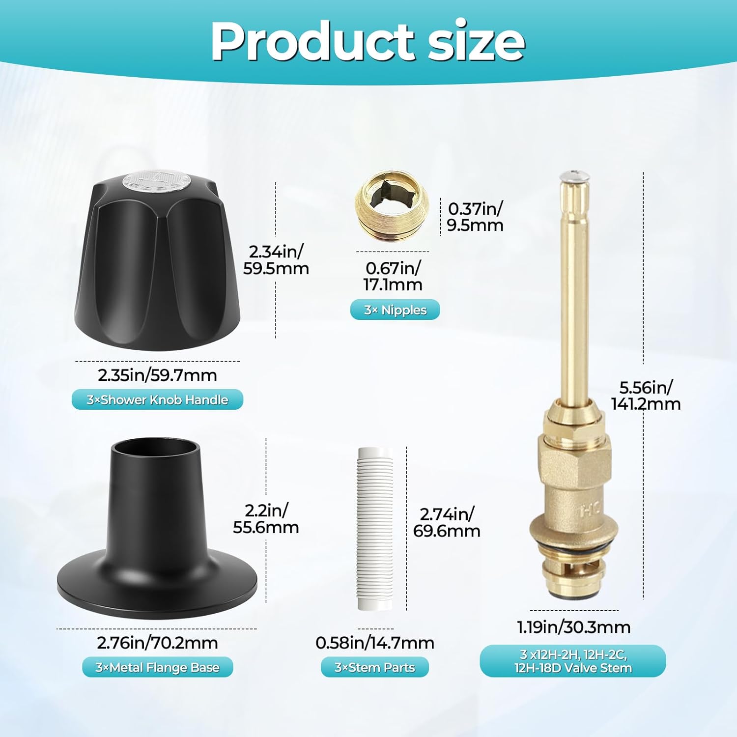 3 PCS 39619 Bathtub Shower Knob with knobs and Shower Stem, Shower Faucet Handle Rebuild Trim Kit Compatible with Price Pfister Verve, Includes 12H-2H, 12H-2C, 12H-18D Stems, and Flange Base