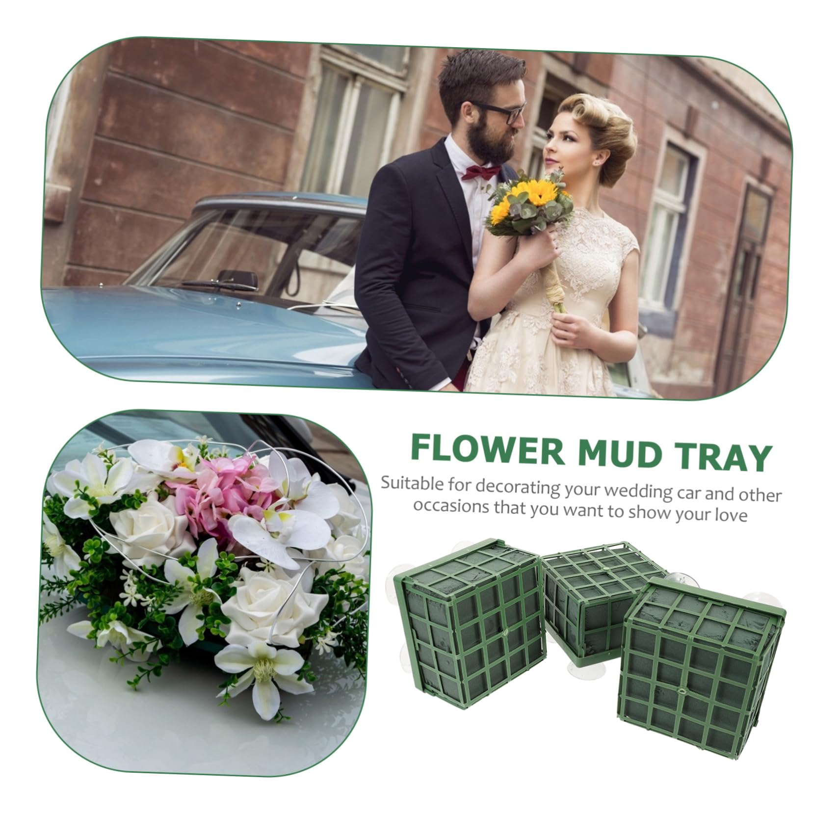 DOITOOL Décoration de Voiture de Mariage en Mousse Fleur, Base de Ventouse de Fleur en Plastique Vert, Lot de 3 pour Fête de Mariage