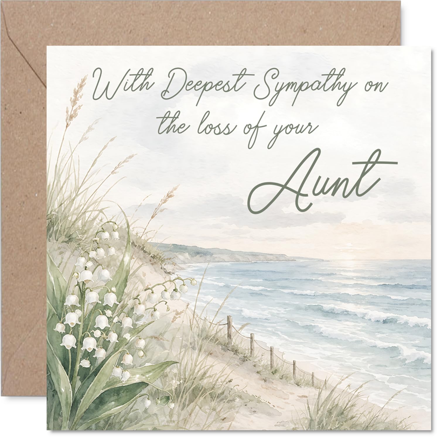 Comforting Sympathy Card - Loss of Aunt - A Gentle Reminder of Love - Serene Coastal Scene with Soft Florals - 145mm Square, Envelope Included