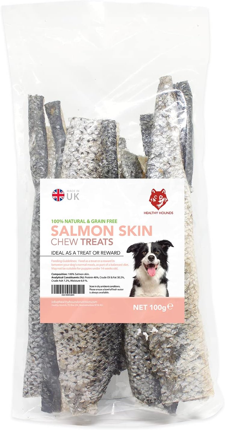 Healthy HoundsSalmon Fish Skin Dog Treats - 100g - Natural Low Fat Dried Fish Skins for Dogs - Healthy Treat Chews Rich in Omega 3