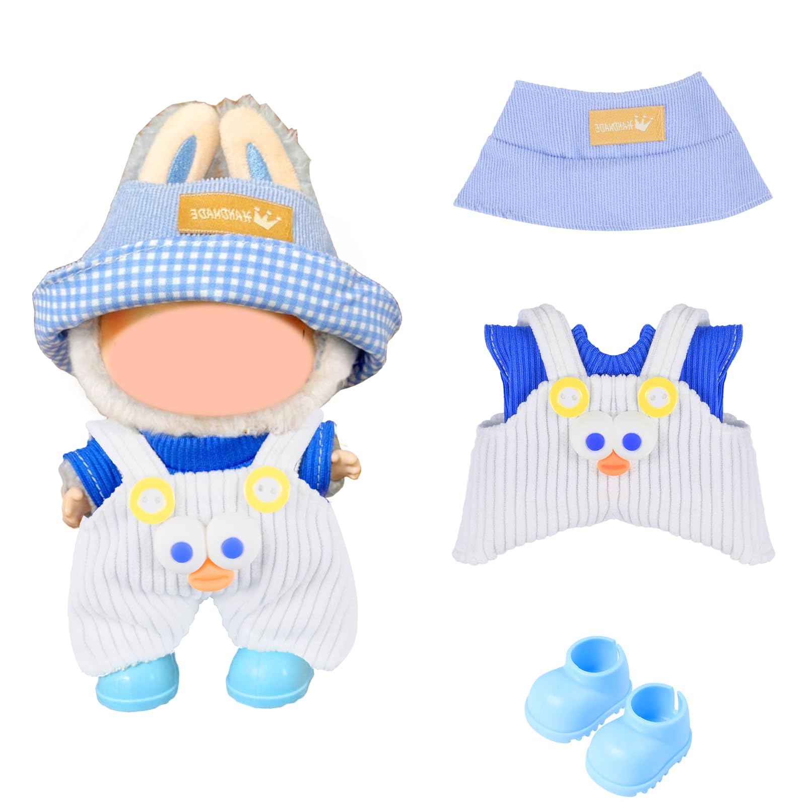 Doll Clothes Set and Accessories, 2025 Stylish Adorable Designed Clothes Outfit for 15cm/17cm Doll with Hat & Overalls & Blue Shoes