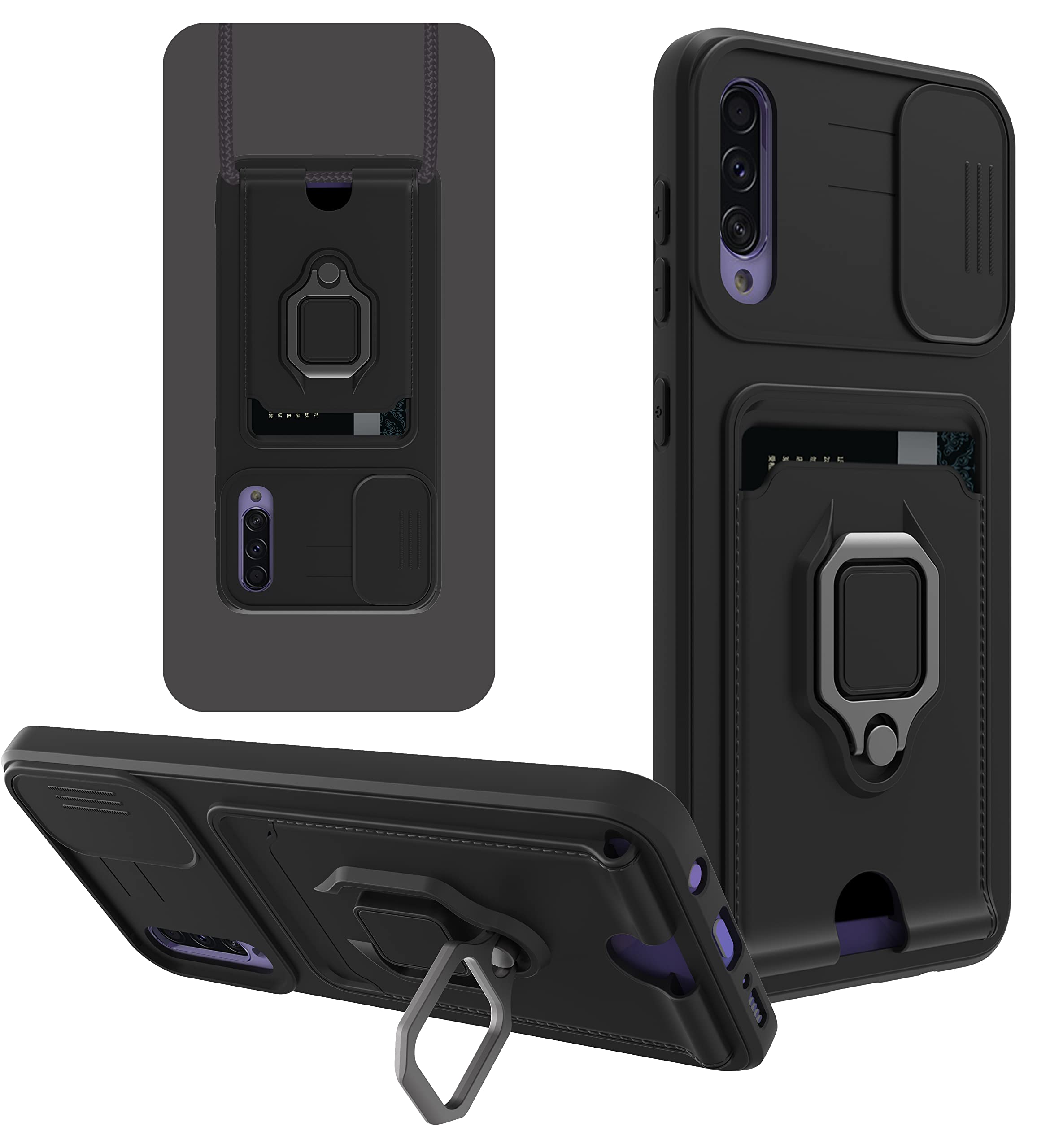 Shinycase Black For Samsung Galaxy A50 Silicone Case Premium Bumper Case With Slide Camera Cover And Ring Kickstand Card Slot Lanyard Silicone Tpu Shockproof Case For Samsung A50/A50s,Galaxy A30s,