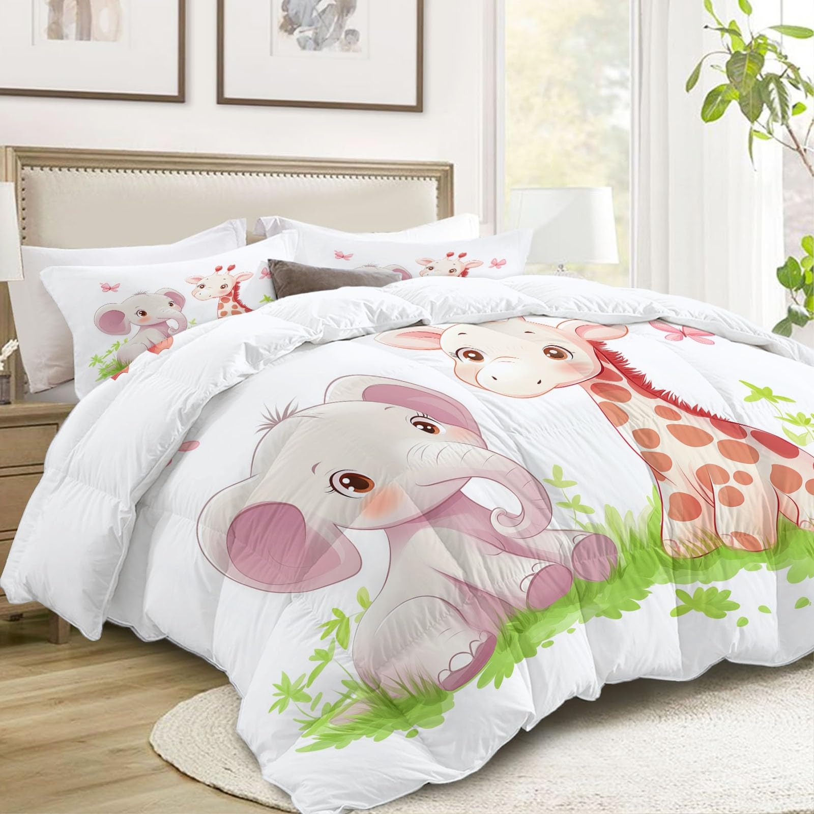 Genérico Edredón Nórdico 150 x 220 cm Elefante Jirafa Diseño, Relleno de Ecopiuma 400g/m² – Confort Térmico 4 Estaciones, Antialérgico – Set 3 Piezas Niños y Niñas, Beige