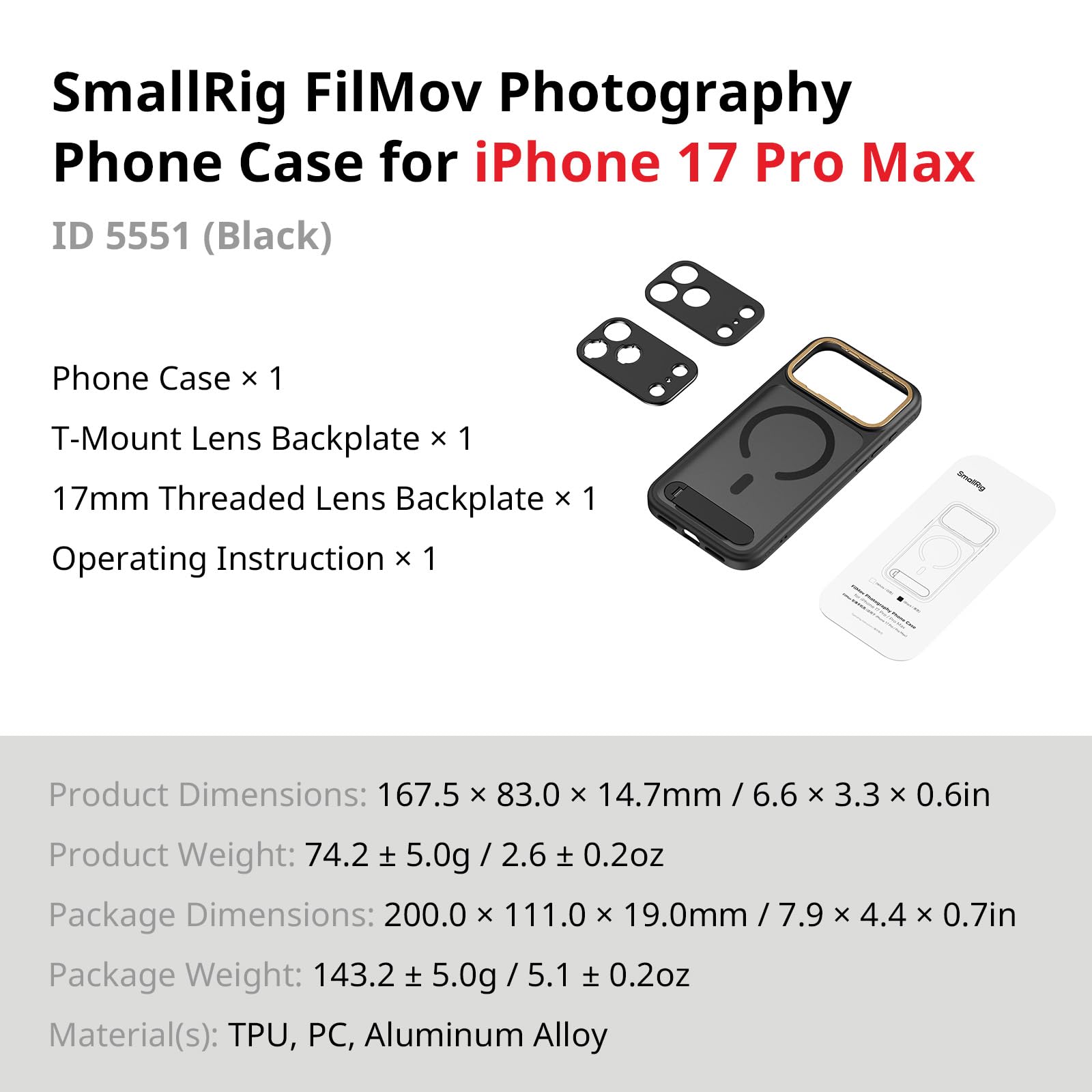 SMALLRIG Kit de Coques FilMov pour iPhone 17 Pro Max, Coque Magnétique avec Béquille Réglable, Plaque Arrière pour Objectif et Support MagSafe, Stabilisateur pour Téléphone, DJI, Insta360-5551