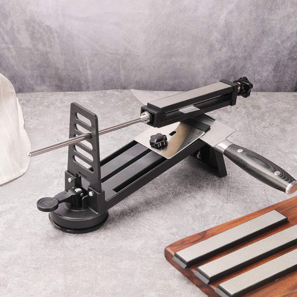 Affilacoltelli Ad Angolo Fisso, Kit per Affilare Coltelli, Affilacoltelli Ad Angolo Regolabile con 3 Pietre per Affilare Grana 240 600 1000, Base a Ventosa Stabile per, Forbici e Giardino