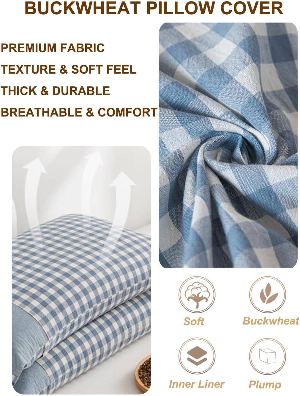 Buckwheat Hull Pillow for Sleeping, Rectangle Buckwheat Neck Pillow, Cooling Support Customizable Height with Removable Cover, Firm Comfort for Spinal Alignment, 23 * 13 Inch (Blue) - Image 3