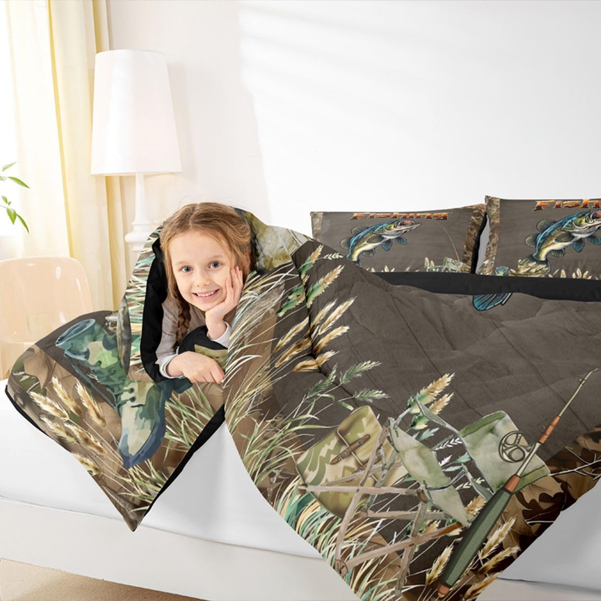 Homemissing Bass Fish Letto Trapuntato Caccia Pesca Per Ragazzi Ragazze Rustico Lakehouse Set Piumini 230x220cm 3 Pezzi Camera Decor