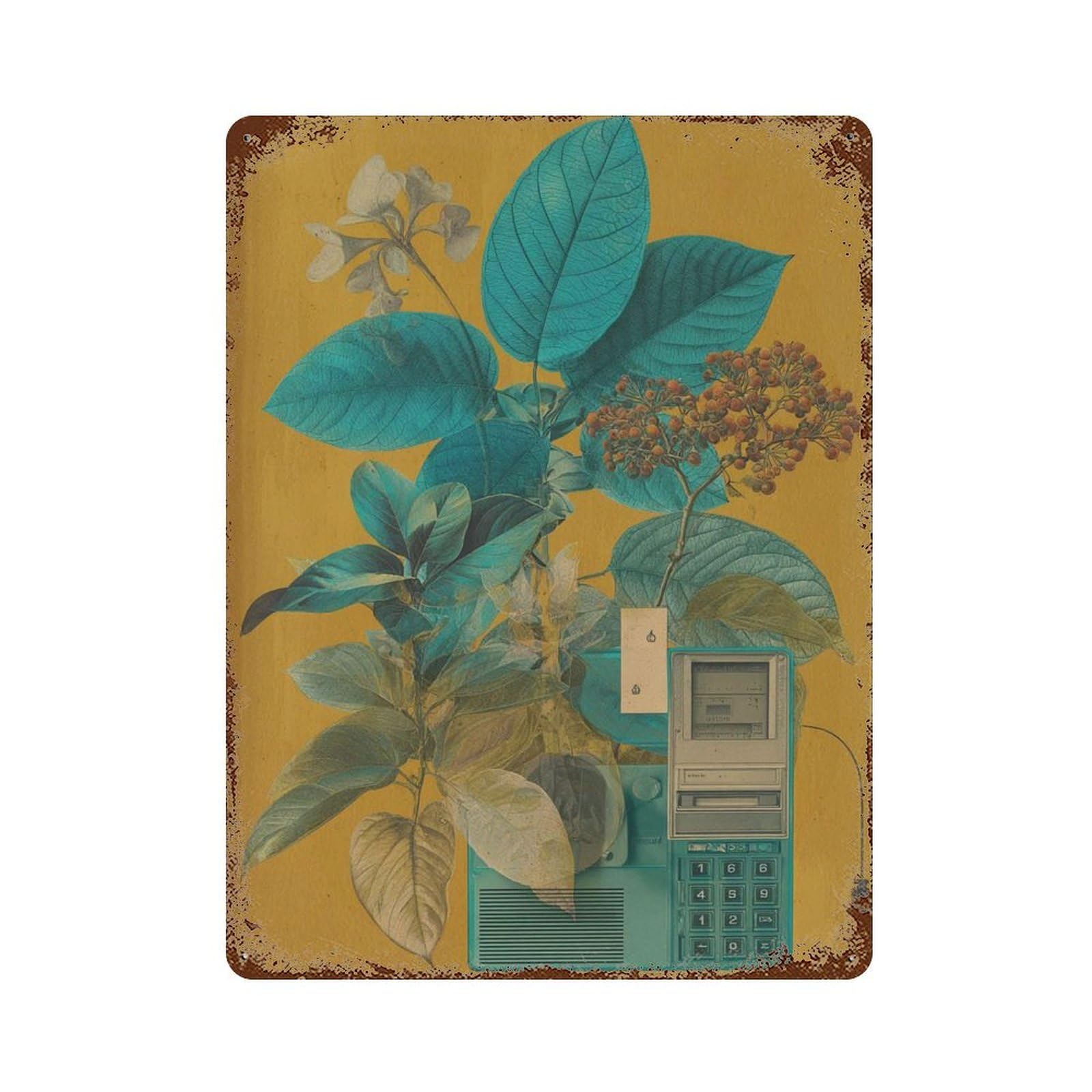 xiaoxiaoshen Retro Botanical Collage Tech Surrealism Mid Century Modern Plant Wall Decor Art Metal Tin Poster Modern Home Decor Art Home Bar Shop Decorations Vintage Sign 40x30cm