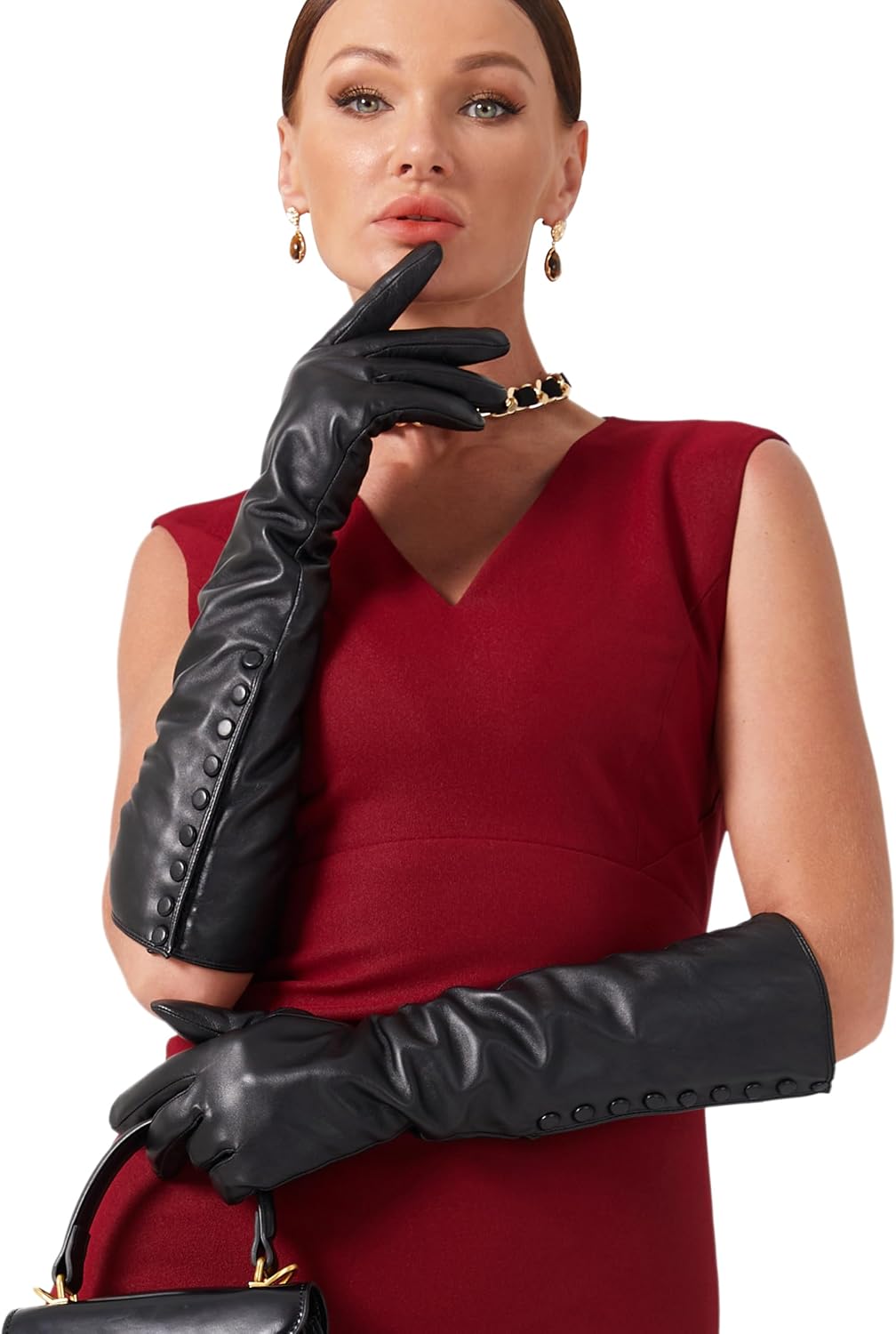 VIKIDEER Side Button Long Leather Gloves for Women with Plush Lining Warm Elegant for Evening Opera or Daily
