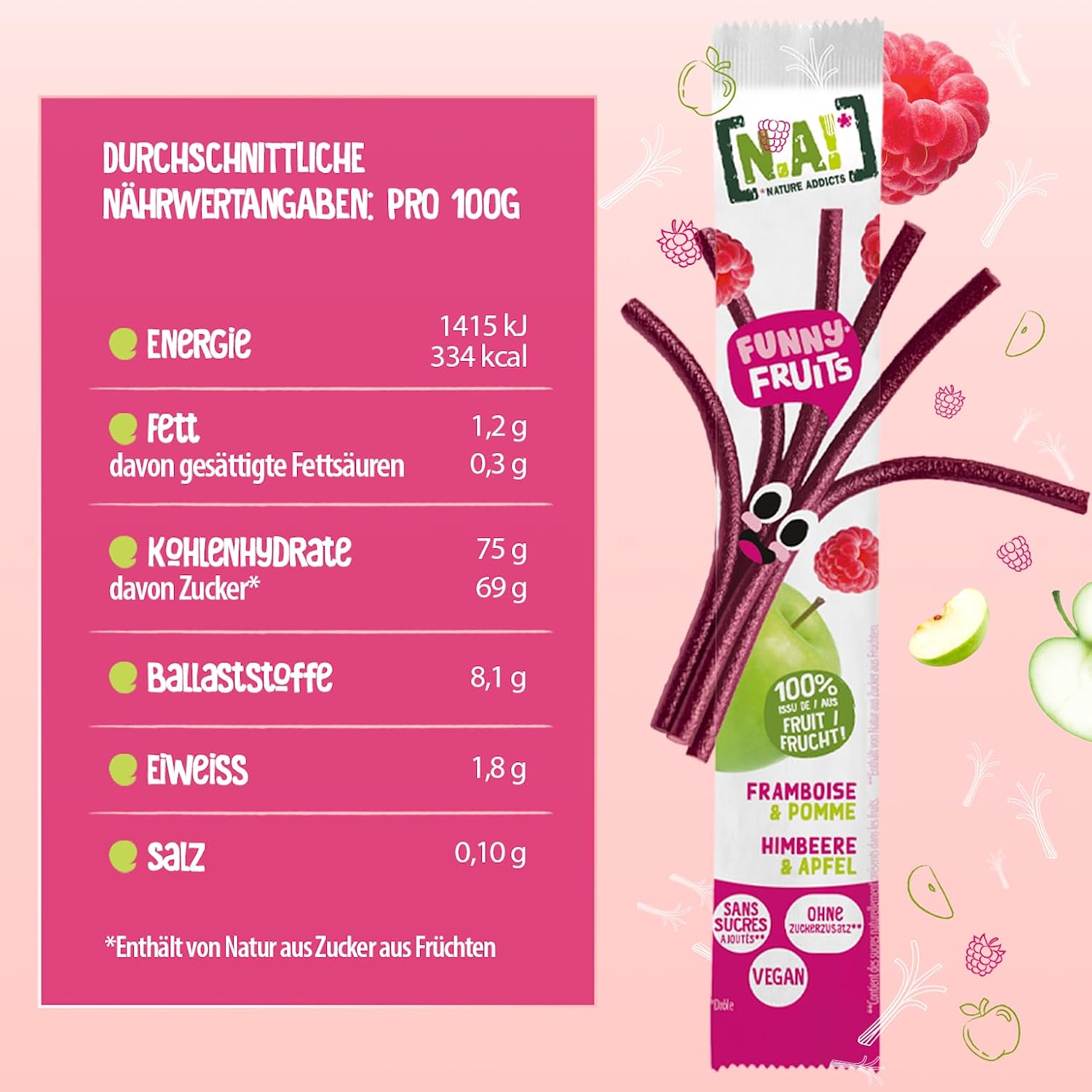 NA! - Funny Fruits Raspberry/Apple - Funny Fruit Stick to Pull Apart and Share - Natural Snack for Children - 100% Fruit, No Added Sugar, Vegan - for Sports, School - 15 x 16 g