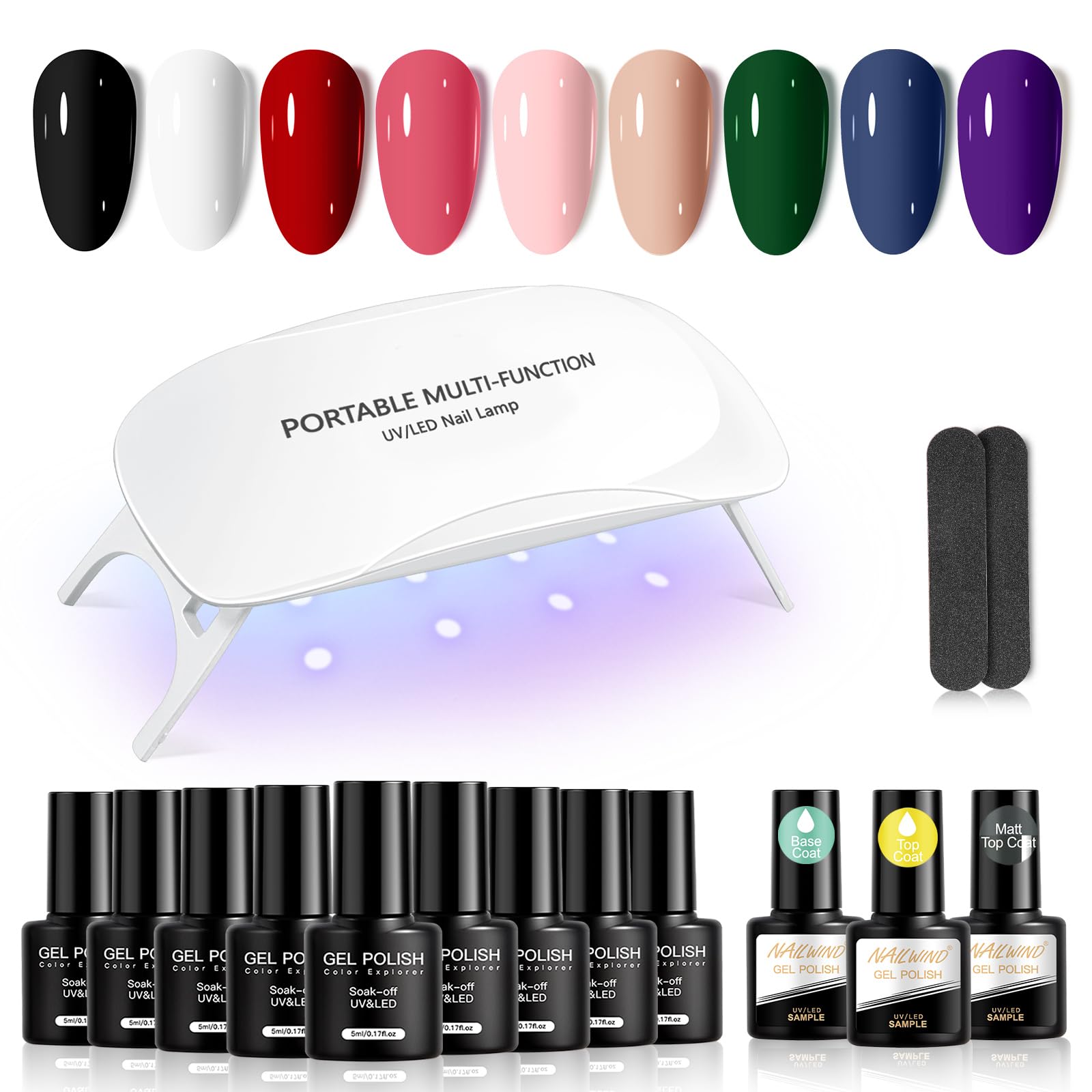 NAILWIND Kit Uñas Semipermanente,UV/LED Lampara Uñas Semipermanentes 14PCS Negro Blanco Rojo Verde Azul Violeta 9 Colores Uñas Semipermanentes Kit Manicura