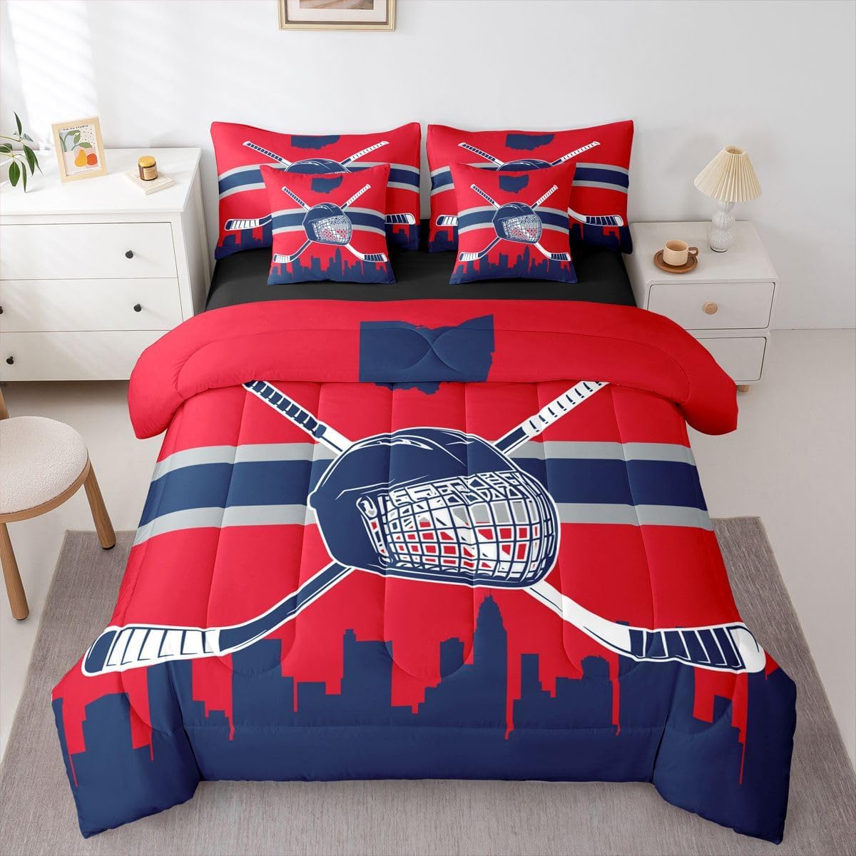 Erosebridal Full Comforter Set for Hockey Player - 7 Pieces Ice Hockey Bedding Sets Full Bed in a Bag,Reversible Hockey Bed Set,Winter Ball Game Comforter, Sheets, Pillowcases & Cushion Covers,