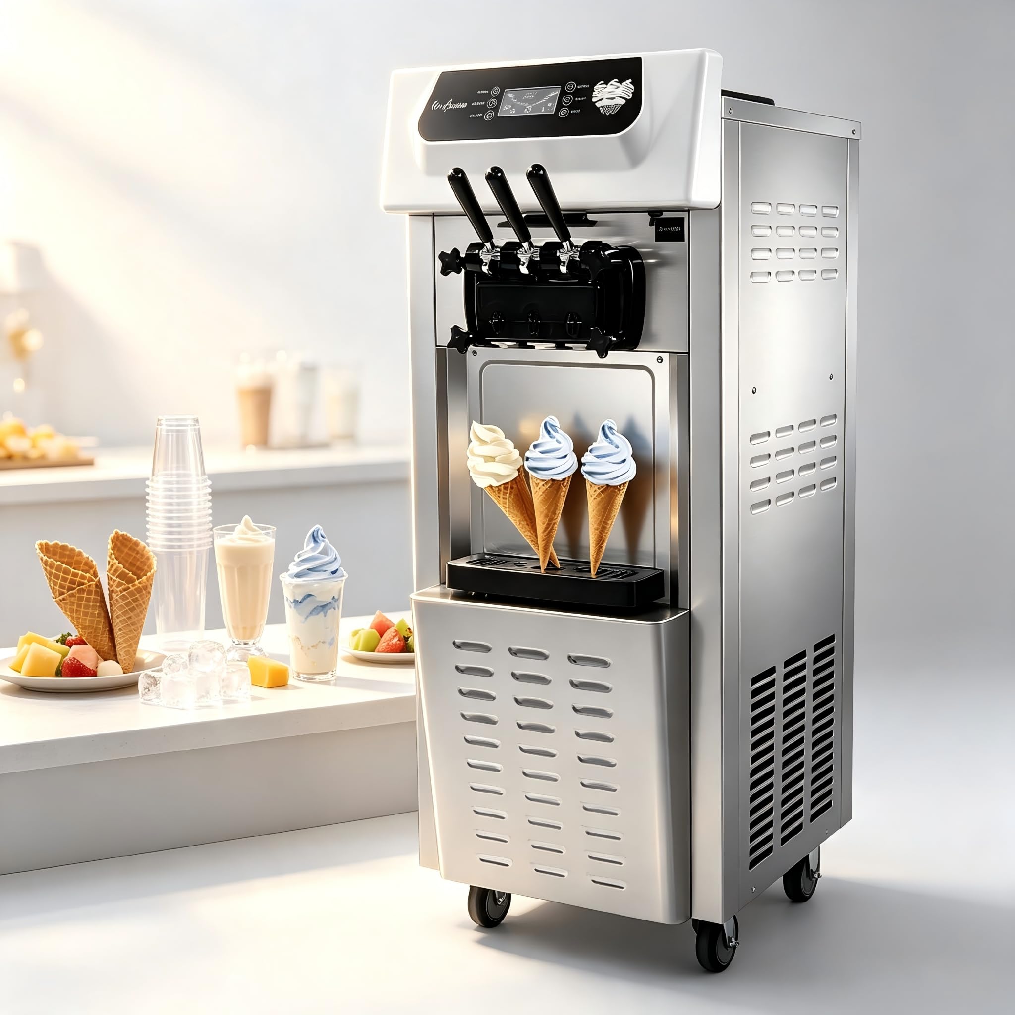 Professionelle Softeismaschine Gewerblich 2200W, 20-28 L/h Eisproduktion, Soft Serve Eismaschine mit 2×5,5 L Behälter, 3 Geschmacksrichtungen, automatische Kühlung für Eisdiele Café Restaurant(8225)