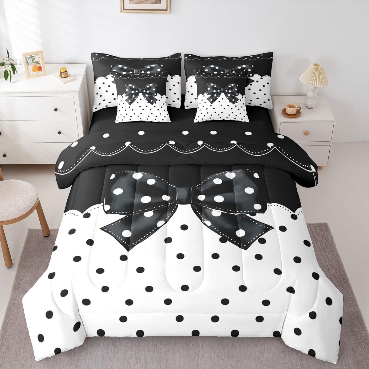 Feelyou Cute Bow Comforter Set with Sheets 7 Piece Full Size Polka Dots Bowknot Bedding Set for Kids Boys Girls Black White Bed in a Bag Bow Tie Room Decor Soft Lightweight Microfiber