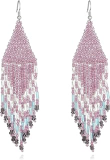 Long Beaded Tassel Earrings – Big Boho Native Handmade Bead Dangle Earrings Bohemian Large Statement Beaded Drop Fringe Earrings for Women Girls Teens Elegant Jewelry Gift