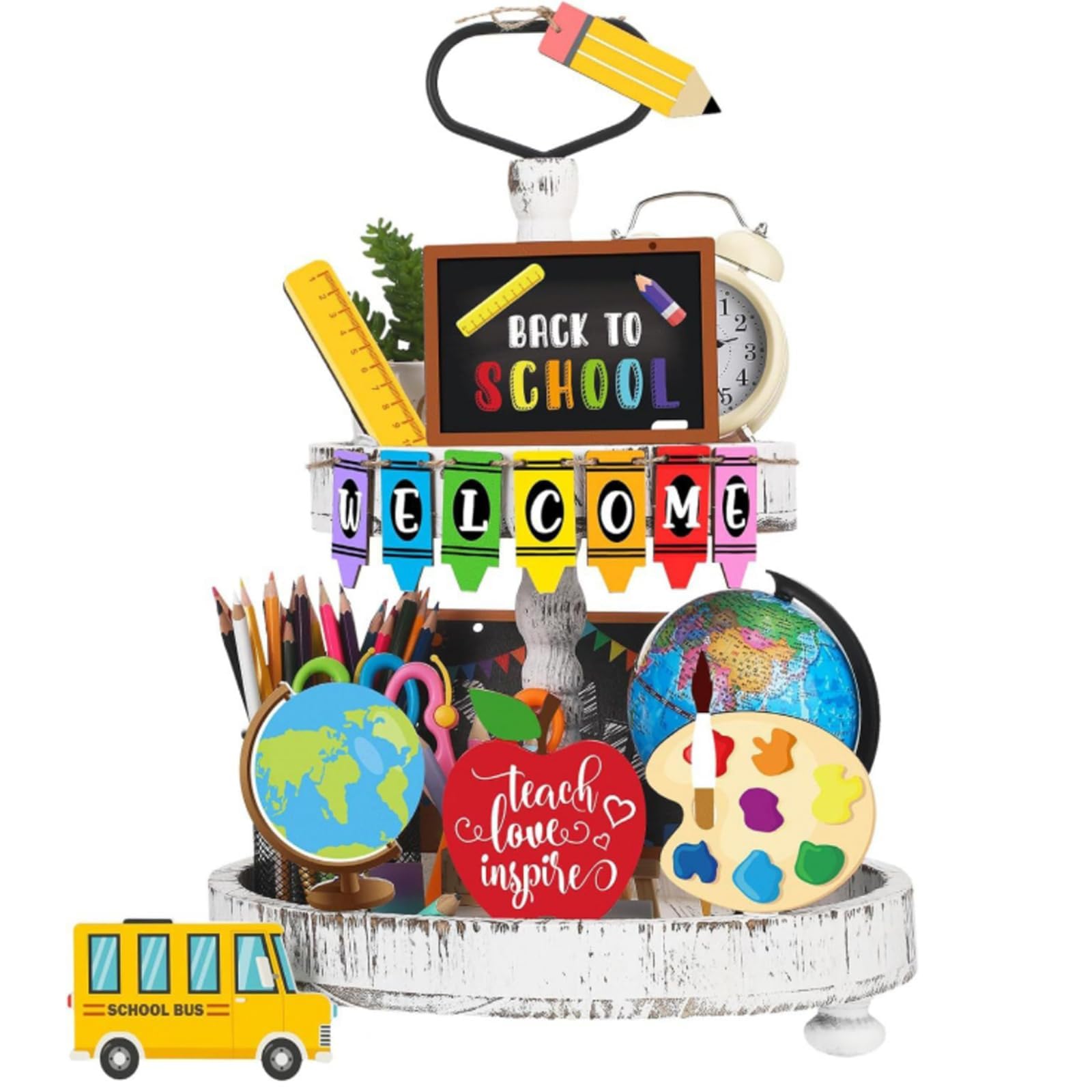 14 Pieces Back to School Tiered Tray Decor Teacher Appreciation Wood Signs Decorative Trays Items Farmhouse Rustic Decorations Wooden Tiered Tray Set for Classroom Tutor Party Gift Supplies