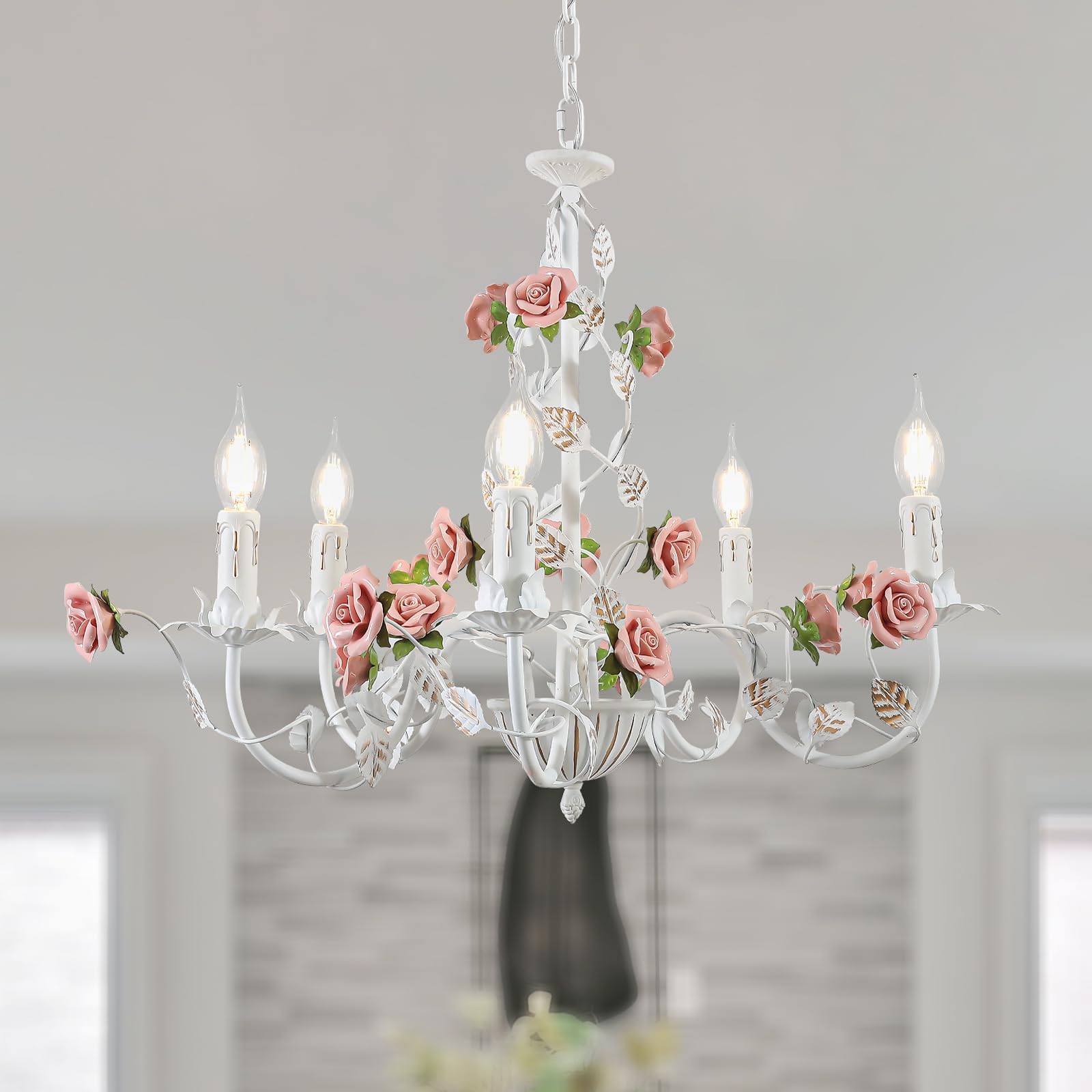 meibeileil Vintage Flower Chandeliers Ceiling Light,White Metal Pendant Light with Pink Ceramic Rose,French Country E14 Candle Chandeliers for Bedroom Living Room Girls Room Kitchen,5 Light