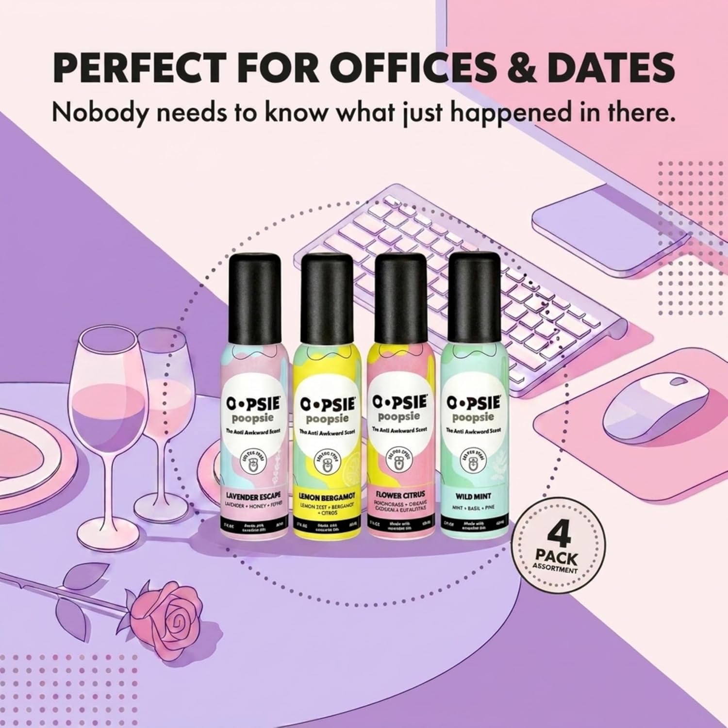 Oopsie Poopsie Toilet Spray – Before & After You Go Bathroom Odor Eliminator & Neutralizer Spray, Travel Size with Essential Oils, TSA Approved – Assorted 4 Pack – 2 Oz.