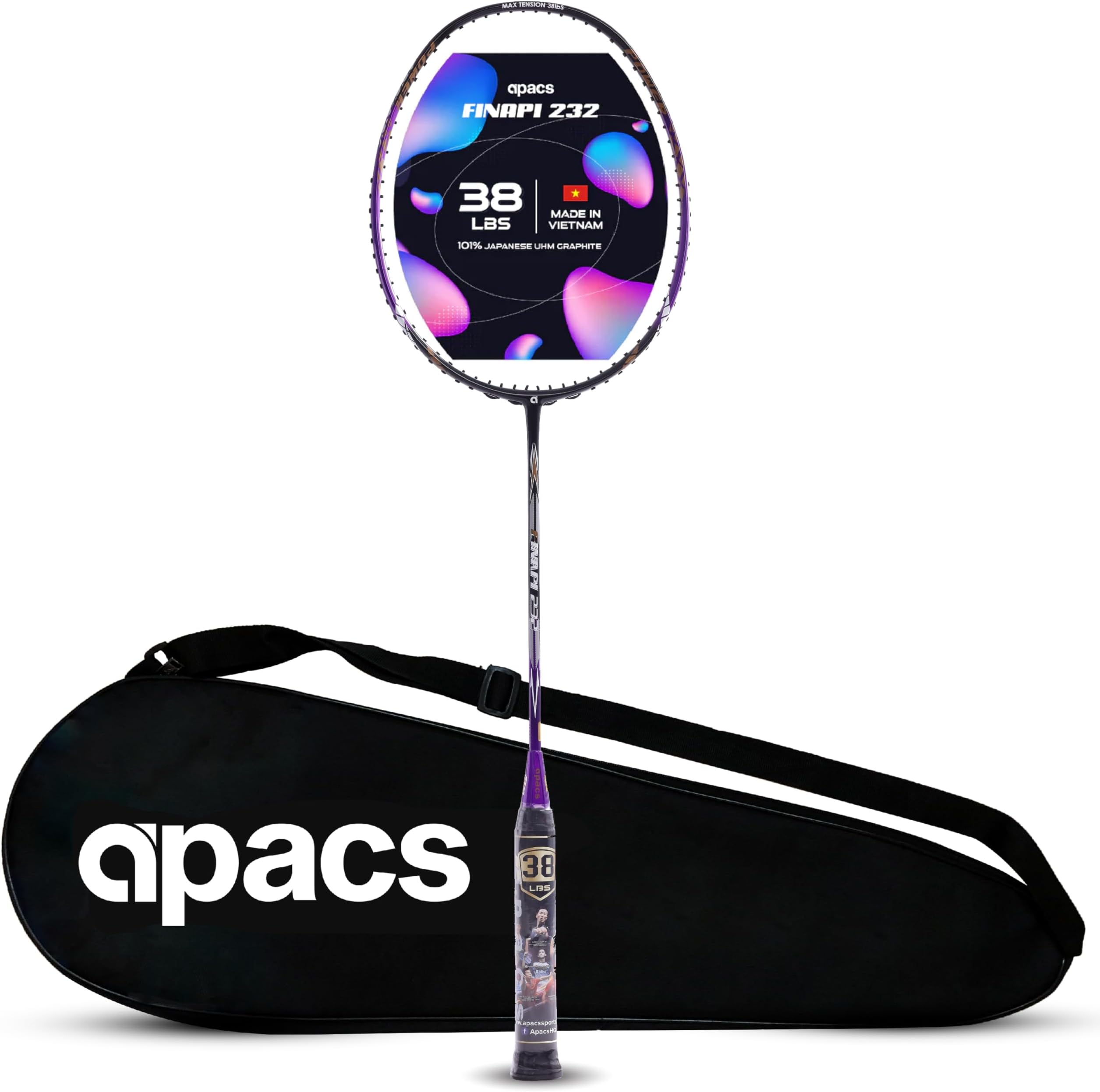 Apacs Finapi 232 (38 LBS, Mega Tension) Graphite Unstrung Badminton Racket with Full Cover (Purple)