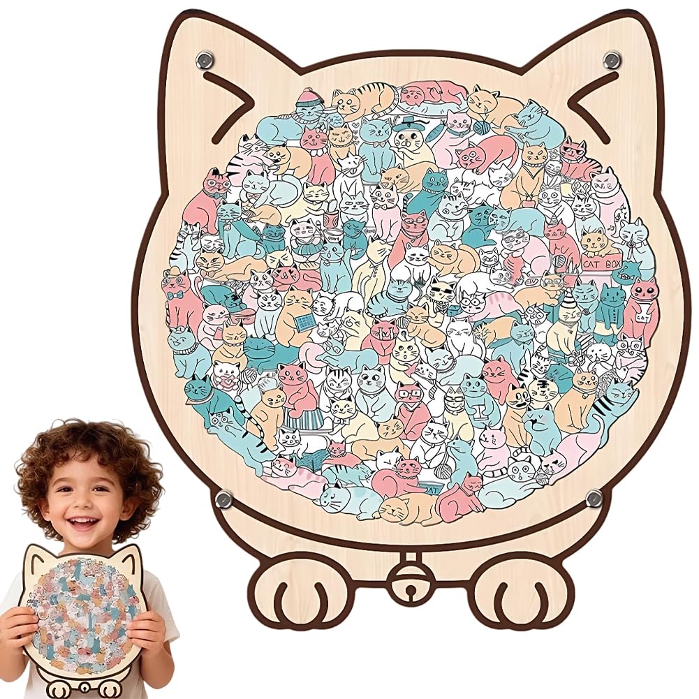 Cat Shaped Wooden Jigsaw Puzzle, 135-Piece Colorful Cat Shaped Wooden Jigsaw Puzzle, Framed by Adorable Cats Outline Puzzles, Cute Cats Shapeds Wooden Jigsaws Puzzles for Home Decor & Gift (Macaron)