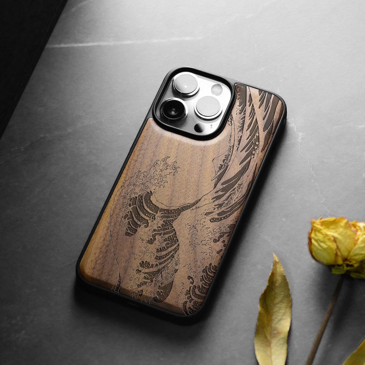 Carveit Magnetic Wooden Case for iPhone 15 Pro Case, Compatible with MagSafe Wireless Chargers, Black Soft TPU Shockproof Cover & Wood Artisan Engraved (The Great Wave Off Kanagawa) - Walnut