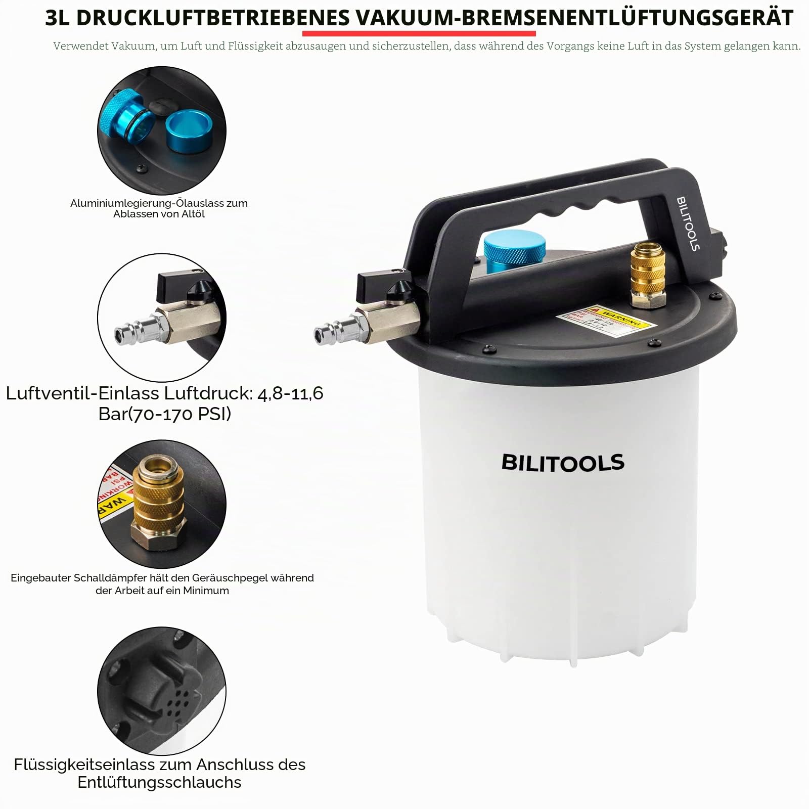 BILITOOLS 3L Universal Bremsenentlüftungsgerät Set für KFZ & Motorrad | Druckluft Bremsflüssigkeitswechselgerät mit 1L Nachfüllflasche und Adaptern