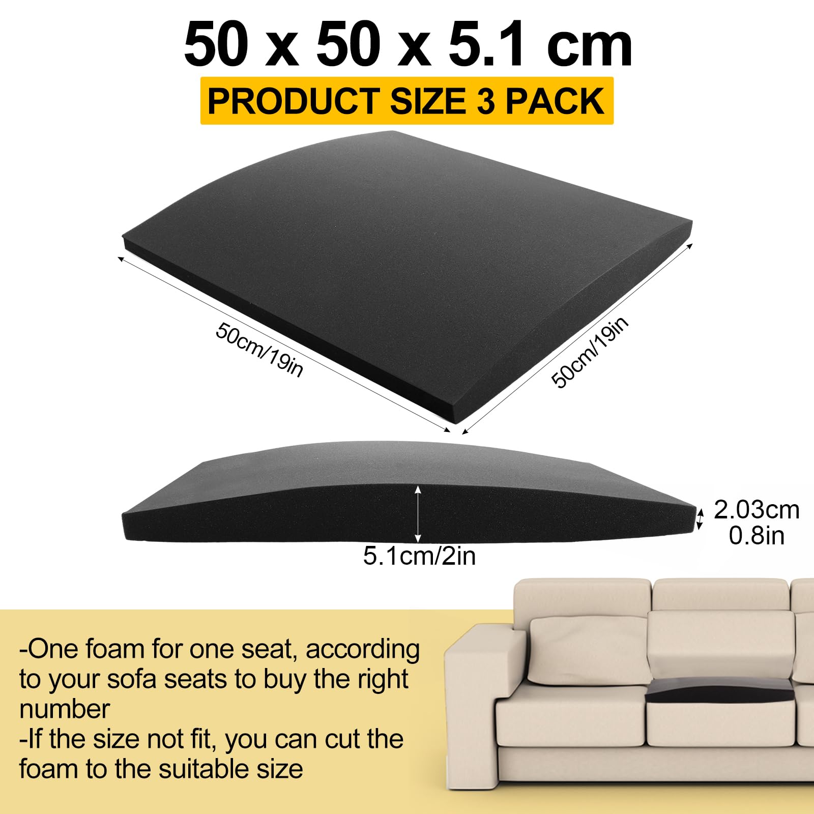 3 tablas de soporte de sofá de 50 x 50 cm, soporte de cojín de sofá para asiento caído, repuesto de alta densidad, cojines de asiento para sofá de esquina, color negro