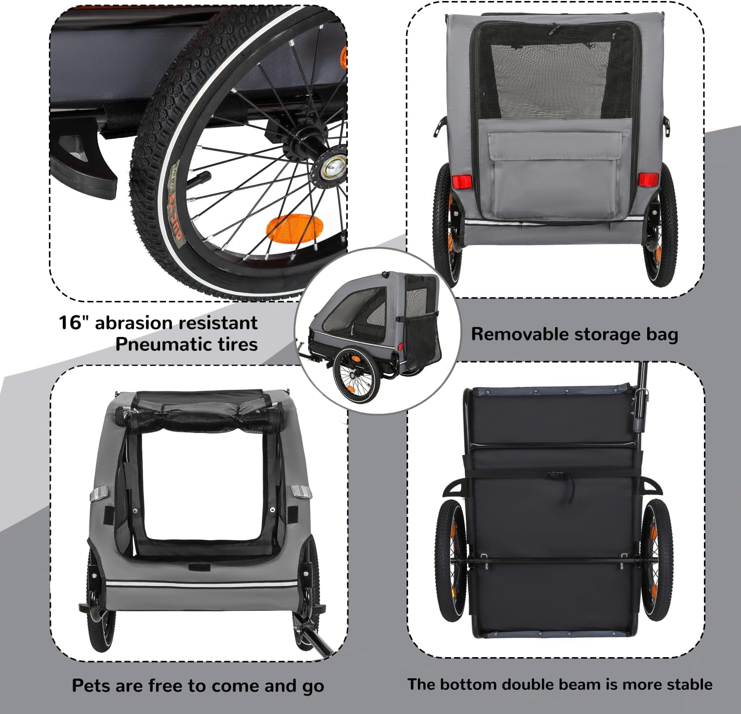 Pet Bike Trailer Dog Cart Steel Black+Grey Stable Structure Outdoor Use Durable