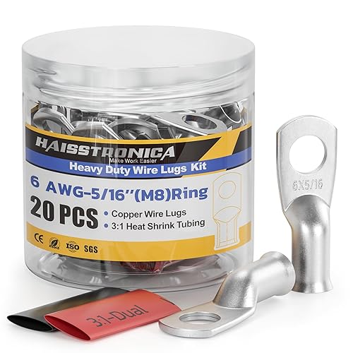 haisstronica 10 lengüetas de cobre estañado de 6 AWG - 516" (M8), lengüetas de cable de cobre resistentes, con 10 piezas de tubo termorretráctil