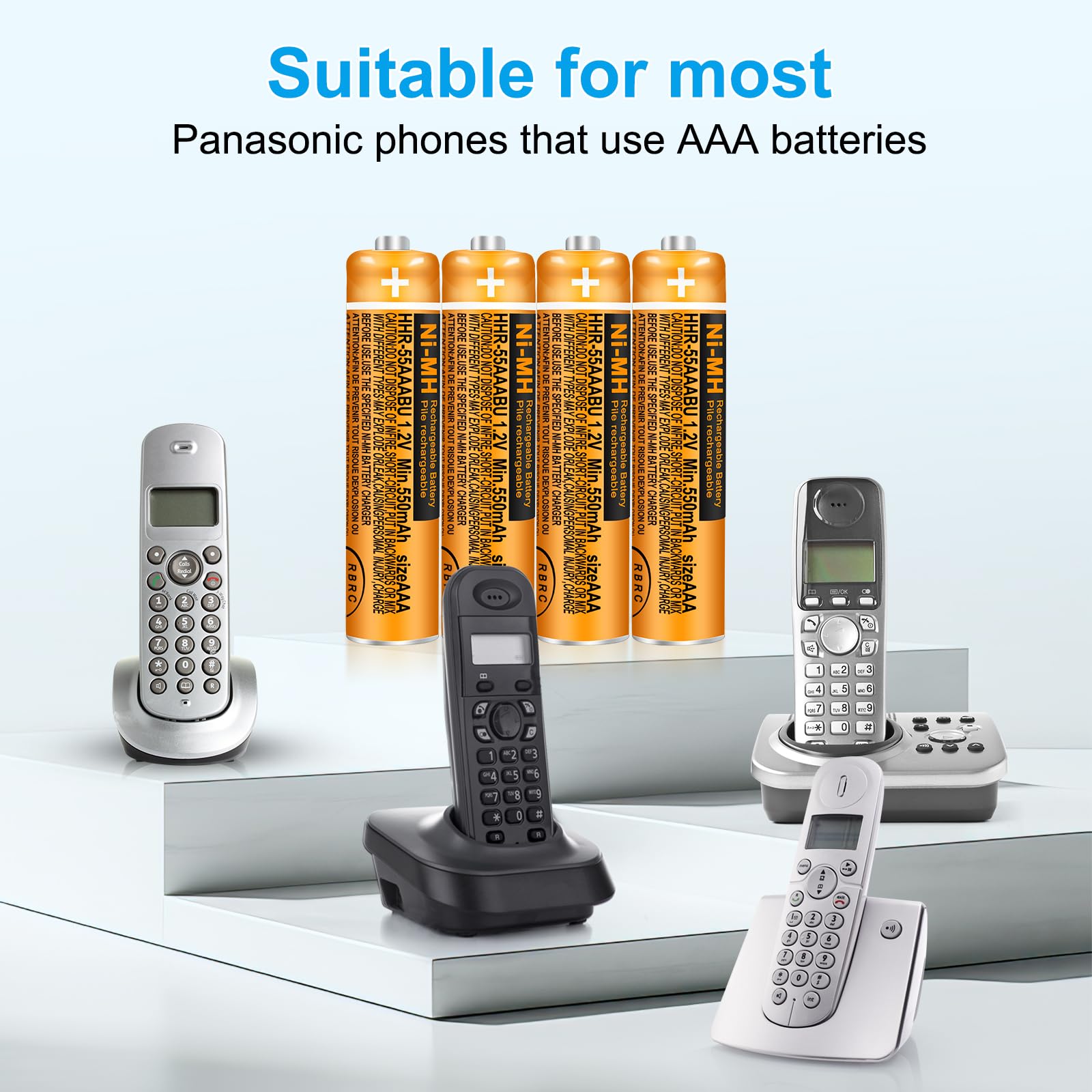 Piles rechargeables AAA 550 mAh 1,2 V Ni-MH pour téléphone sans fil Panasonic | Lot de 4 batteries de rechange HHR-55AAABU préchargées pour téléphones BT Gigaset DECT